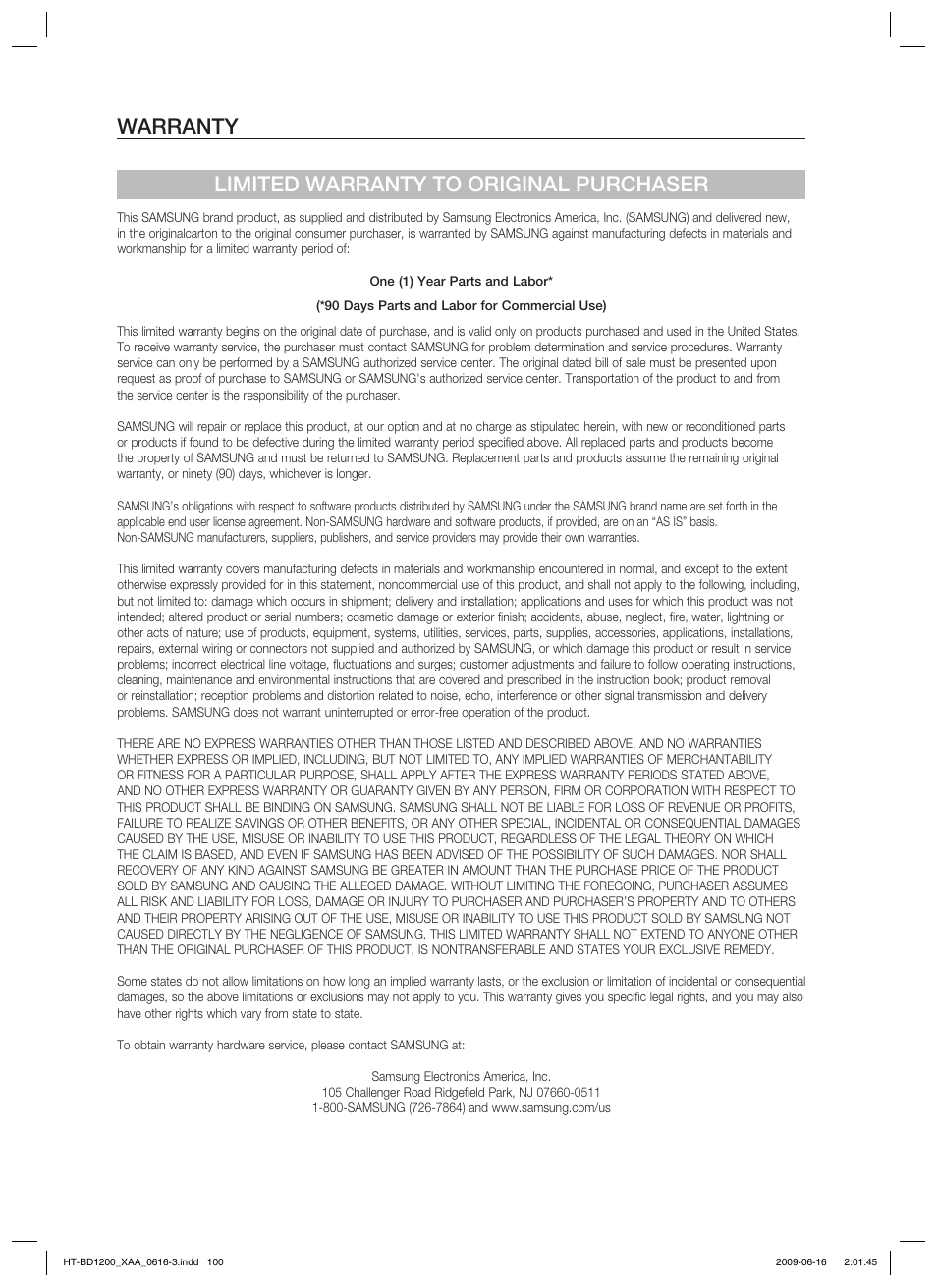 Warranty limited warranty to original purchaser | Samsung HT-BD1200 User Manual | Page 100 / 102