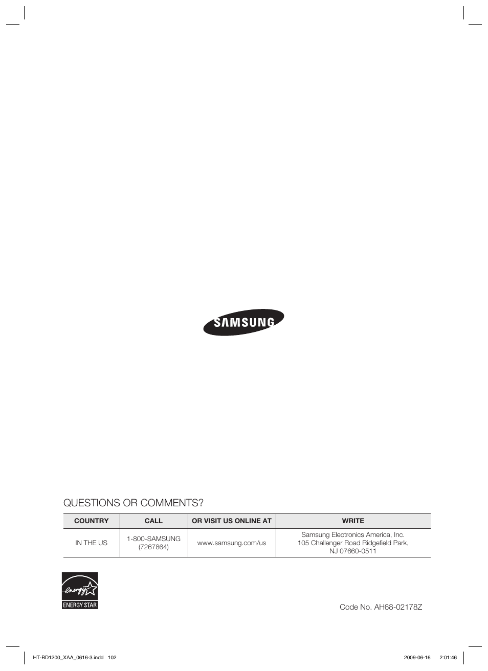 Questions or comments | Samsung HT-BD1200 User Manual | Page 102 / 102