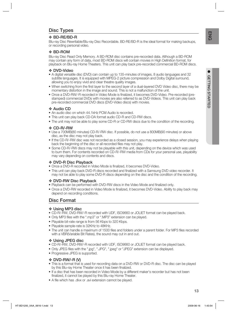 Disc types, Disc format | Samsung HT-BD1200 User Manual | Page 13 / 102