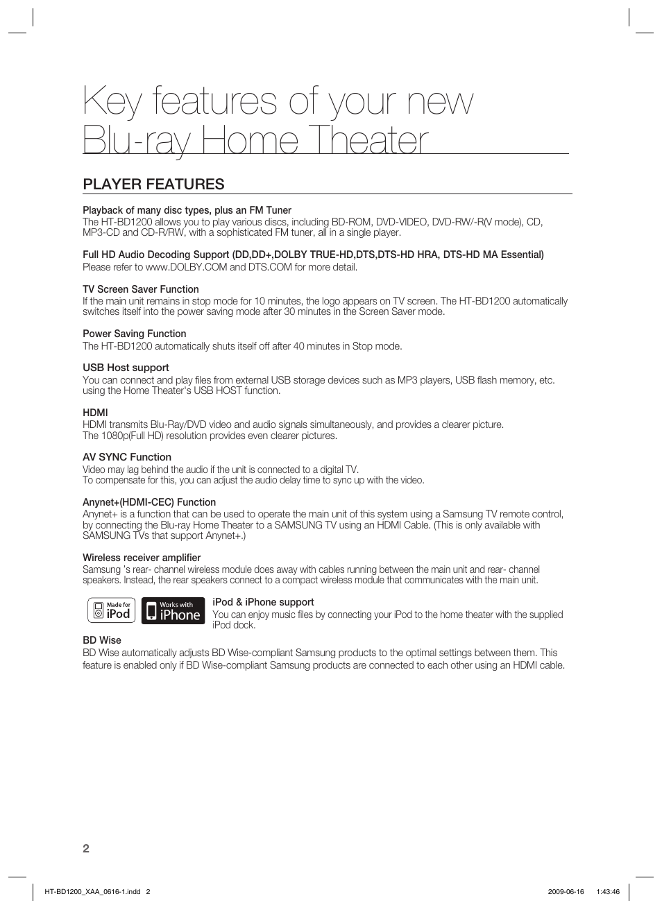 Key features of your newblu-ray home theater, Key features of your new blu-ray home theater, Player features | Samsung HT-BD1200 User Manual | Page 2 / 102