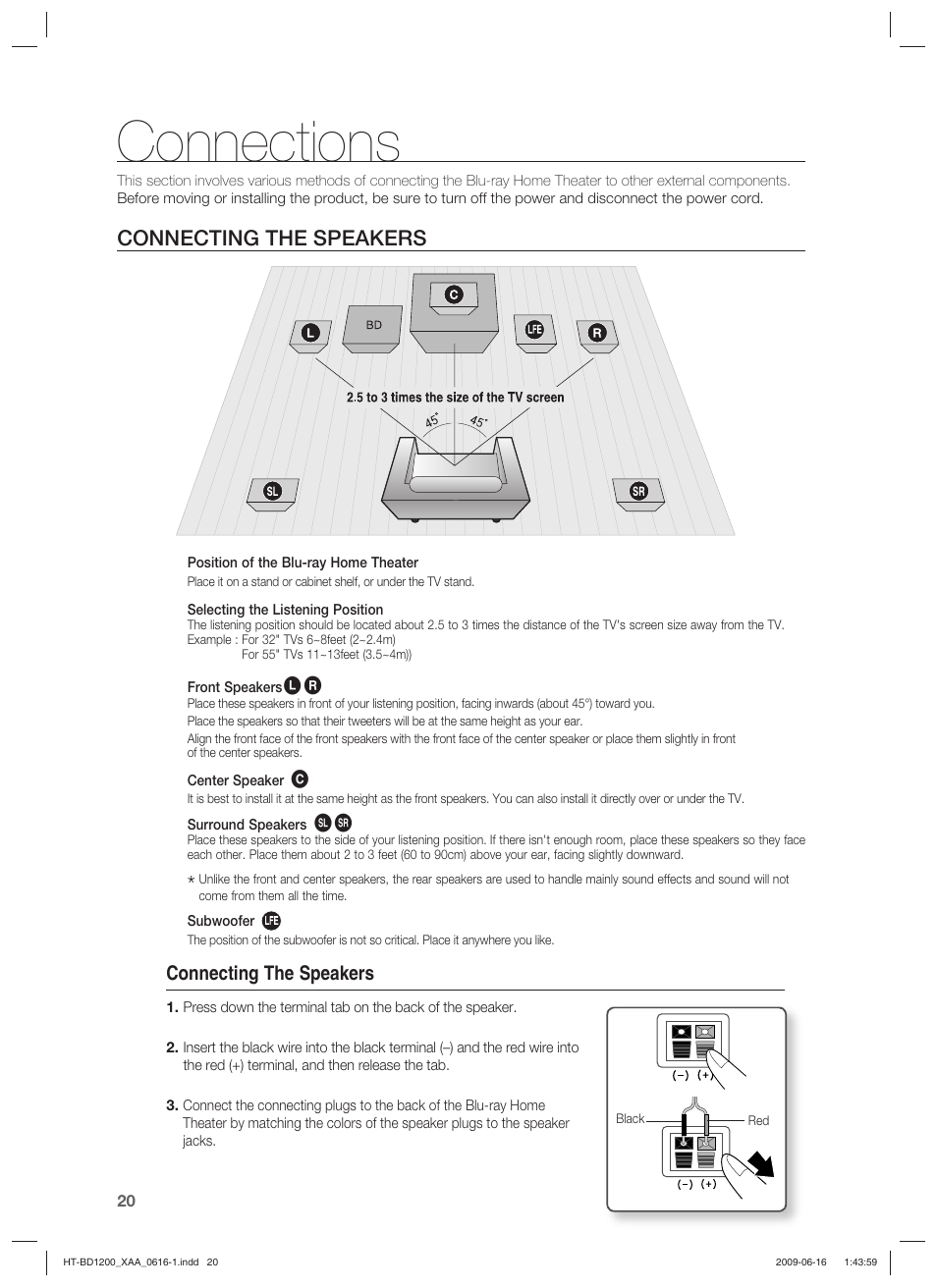 Connections, Connecting the speakers | Samsung HT-BD1200 User Manual | Page 20 / 102