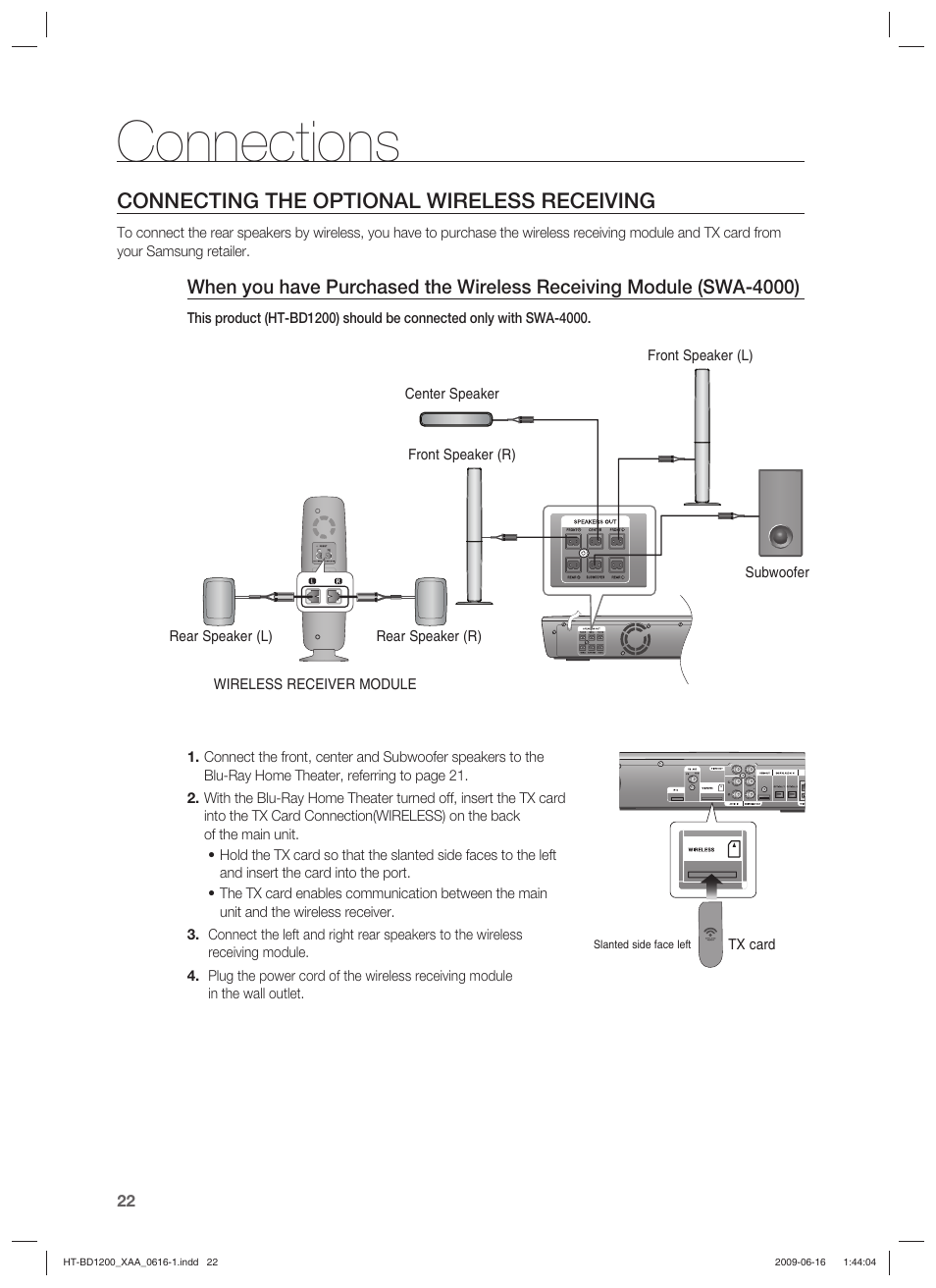 Connections, Connecting the optional wireless receiving | Samsung HT-BD1200 User Manual | Page 22 / 102