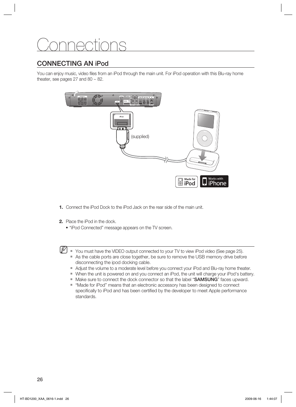 Connections, Connecting an ipod | Samsung HT-BD1200 User Manual | Page 26 / 102