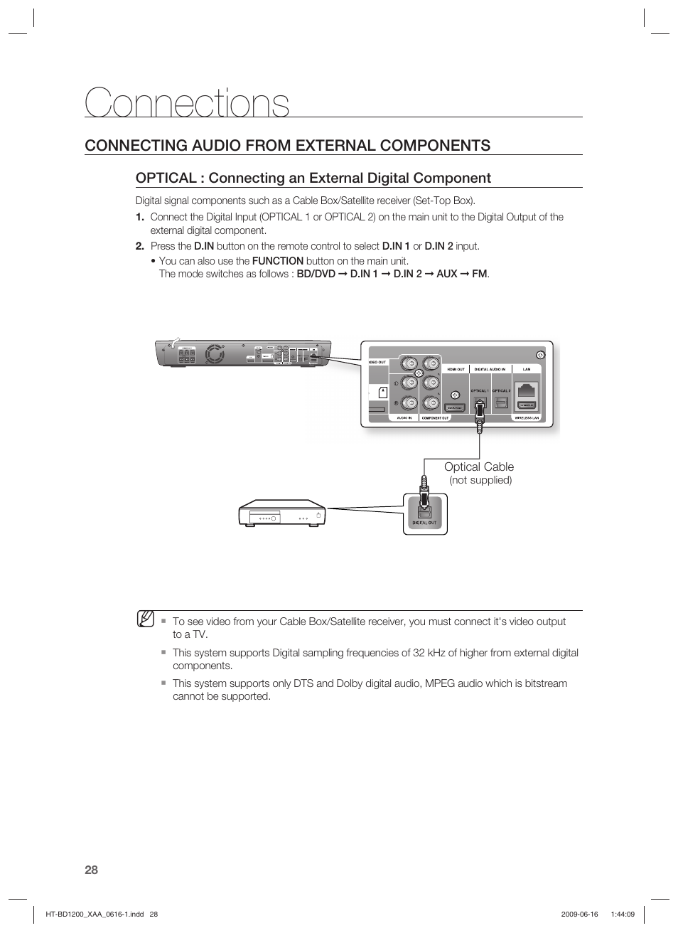 Connections, Connecting audio from external components | Samsung HT-BD1200 User Manual | Page 28 / 102
