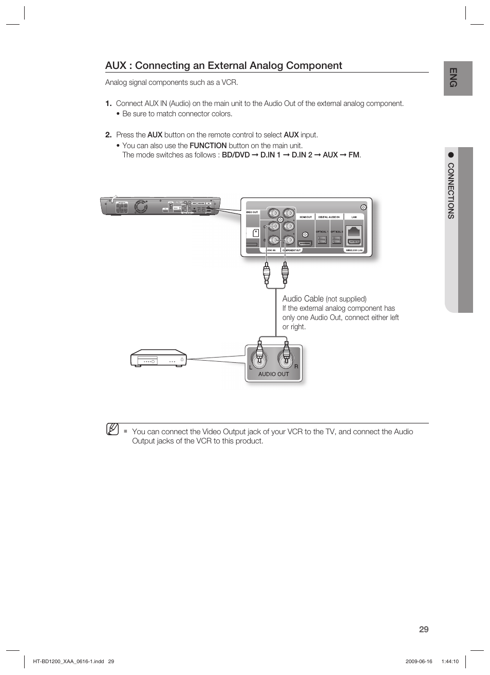 Aux : connecting an external analog component | Samsung HT-BD1200 User Manual | Page 29 / 102