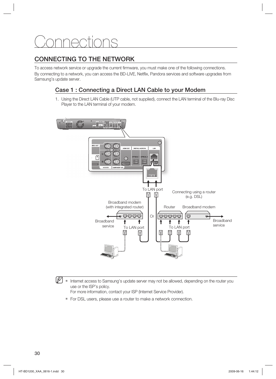 Connections, Connecting to the network | Samsung HT-BD1200 User Manual | Page 30 / 102