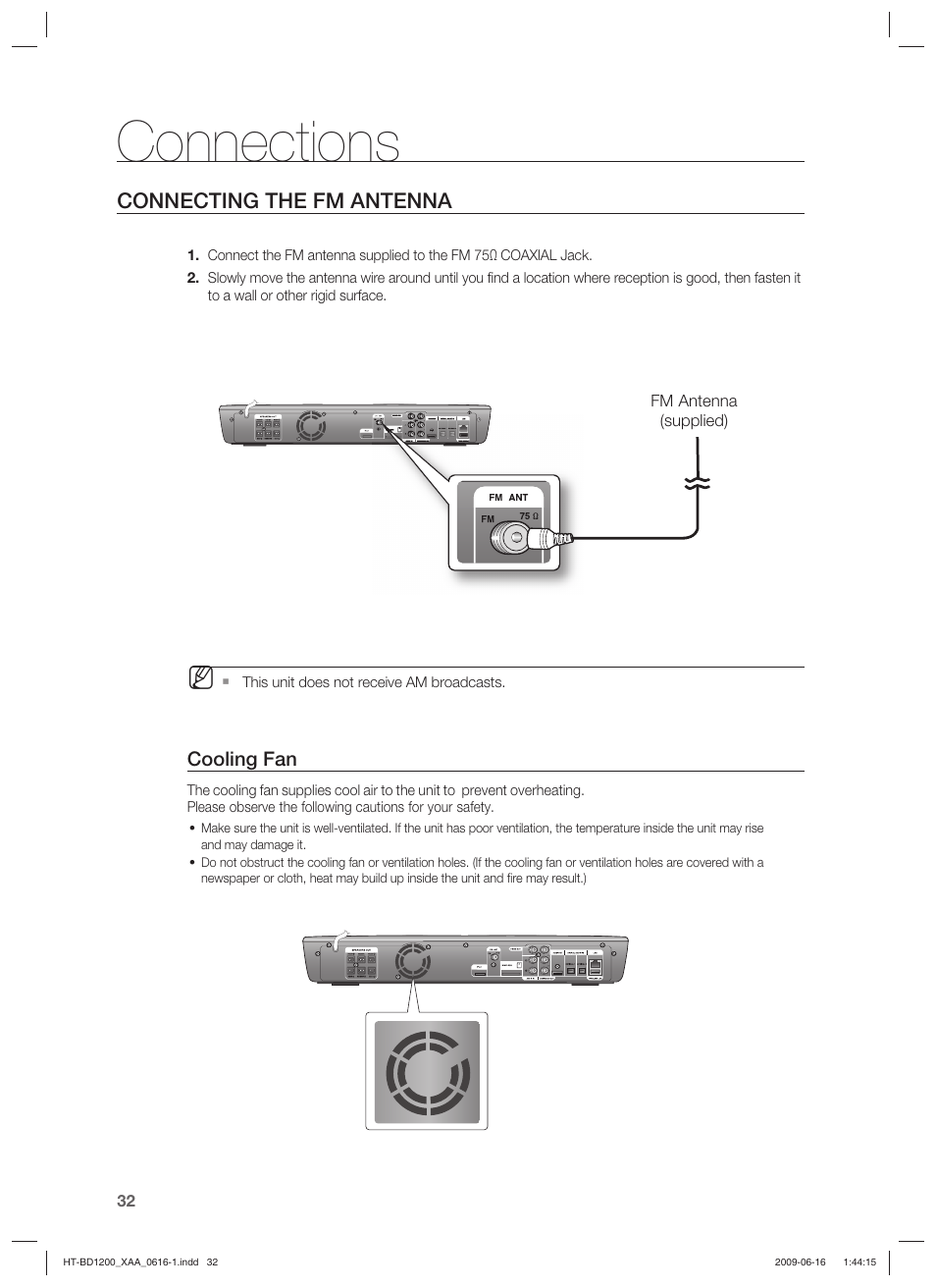 Connections, Connecting the fm antenna | Samsung HT-BD1200 User Manual | Page 32 / 102