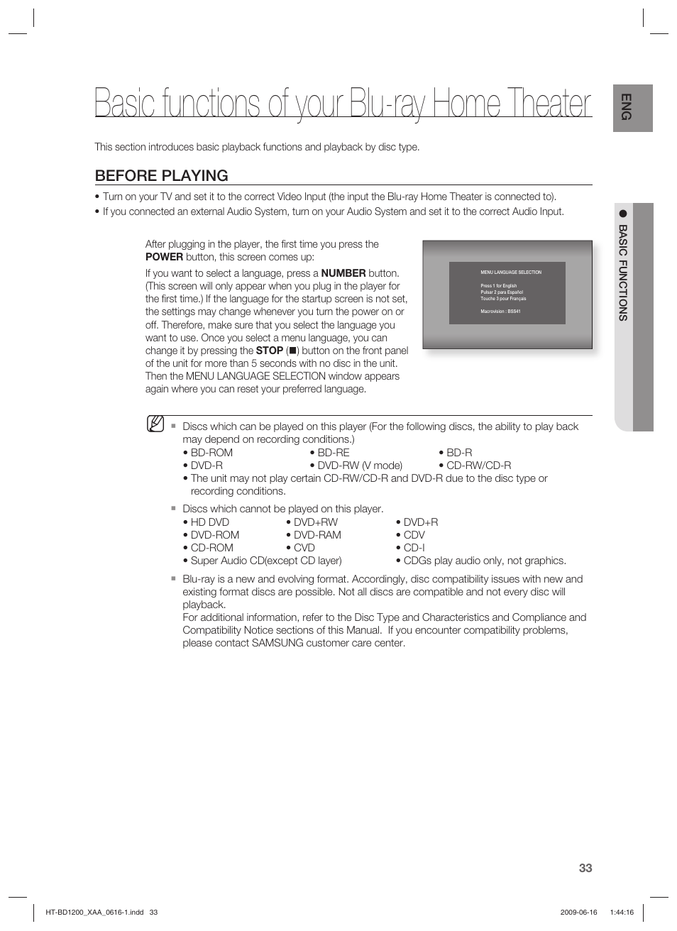 Basic functions of your blu-ray home theater, Before playing | Samsung HT-BD1200 User Manual | Page 33 / 102