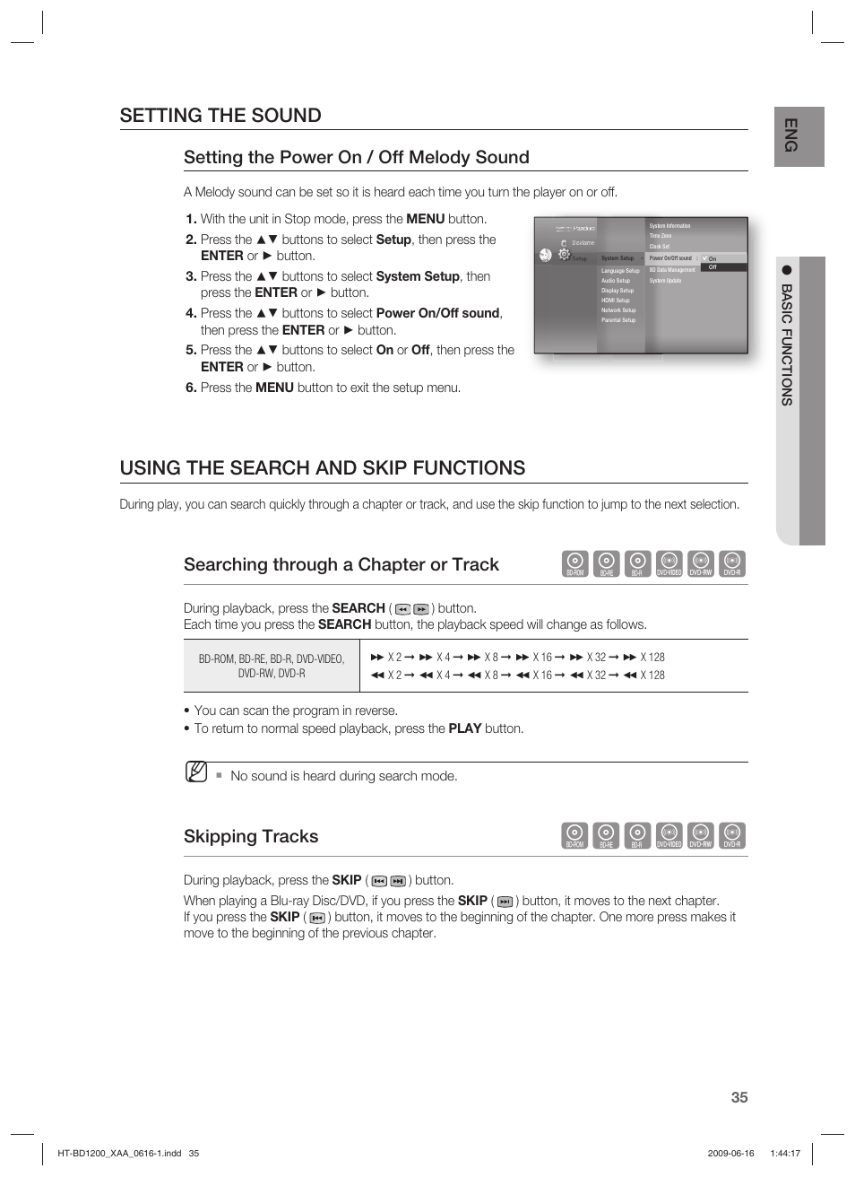 Hgfzcv, Setting the sound, Using the search and skip functions | Setting the power on / off melody sound, Searching through a chapter or track, Skipping tracks | Samsung HT-BD1200 User Manual | Page 35 / 102