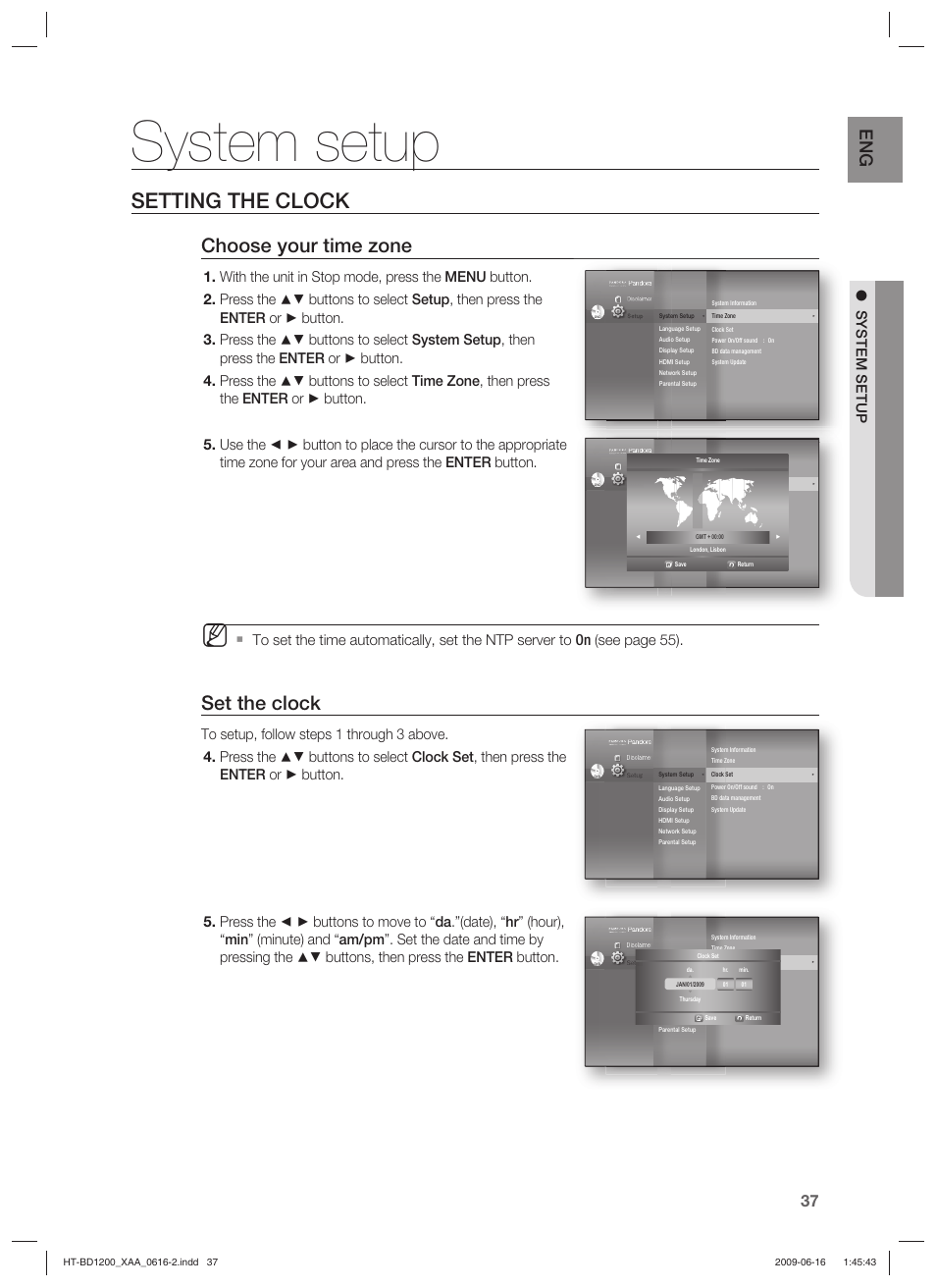 System setup, Setting the clock, Choose your time zone | Set the clock | Samsung HT-BD1200 User Manual | Page 37 / 102