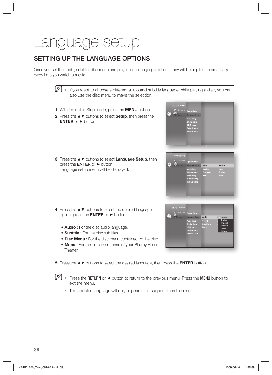 Language setup, Setting up the language options | Samsung HT-BD1200 User Manual | Page 38 / 102