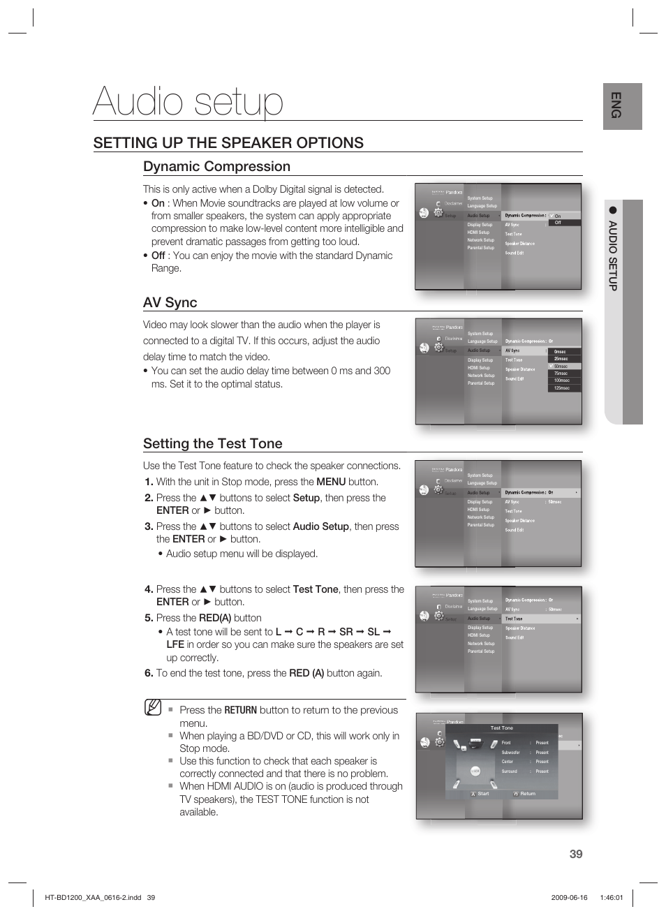 Audio setup, Setting up the speaker options, Setting the test tone | Dynamic compression, Av sync | Samsung HT-BD1200 User Manual | Page 39 / 102