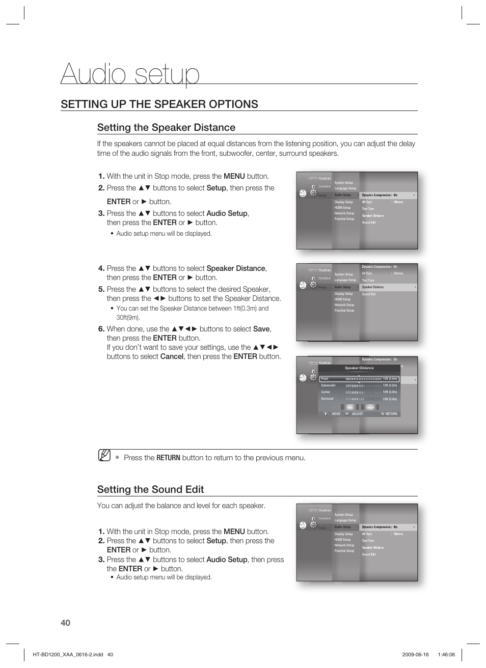 Audio setup, Setting up the speaker options, Setting the speaker distance | Setting the sound edit, Audio setup menu will be displayed | Samsung HT-BD1200 User Manual | Page 40 / 102