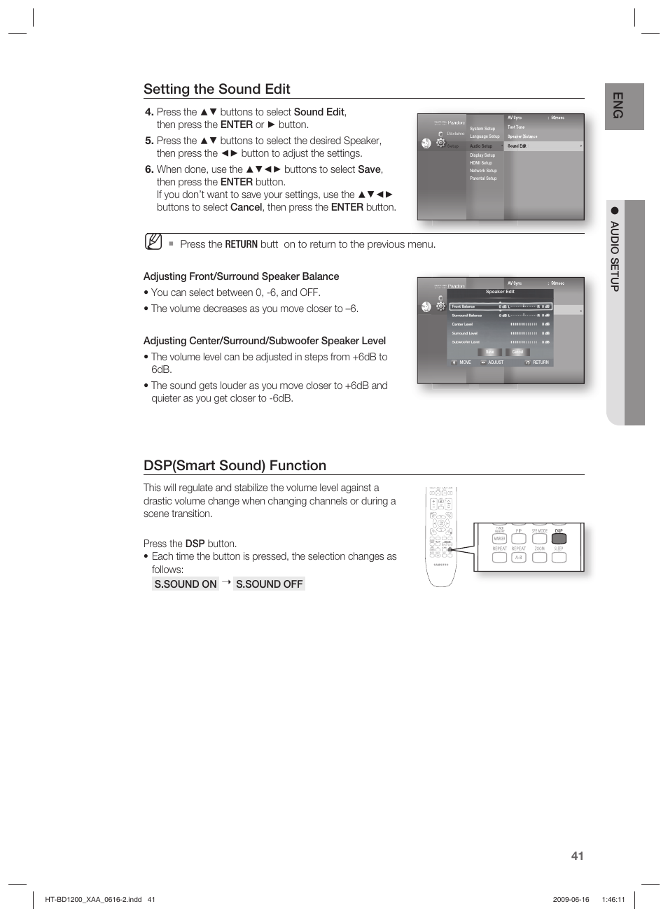 Setting the sound edit, Dsp(smart sound) function, Audio setup | S.sound off 4. 5. 6 | Samsung HT-BD1200 User Manual | Page 41 / 102