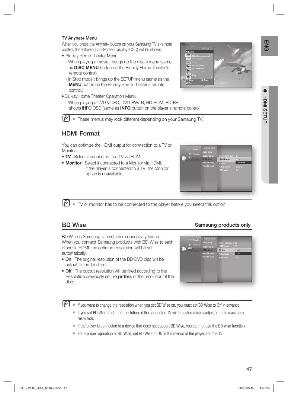 Hdmi format, Bd wise, Samsung products only | Samsung HT-BD1200 User Manual | Page 47 / 102