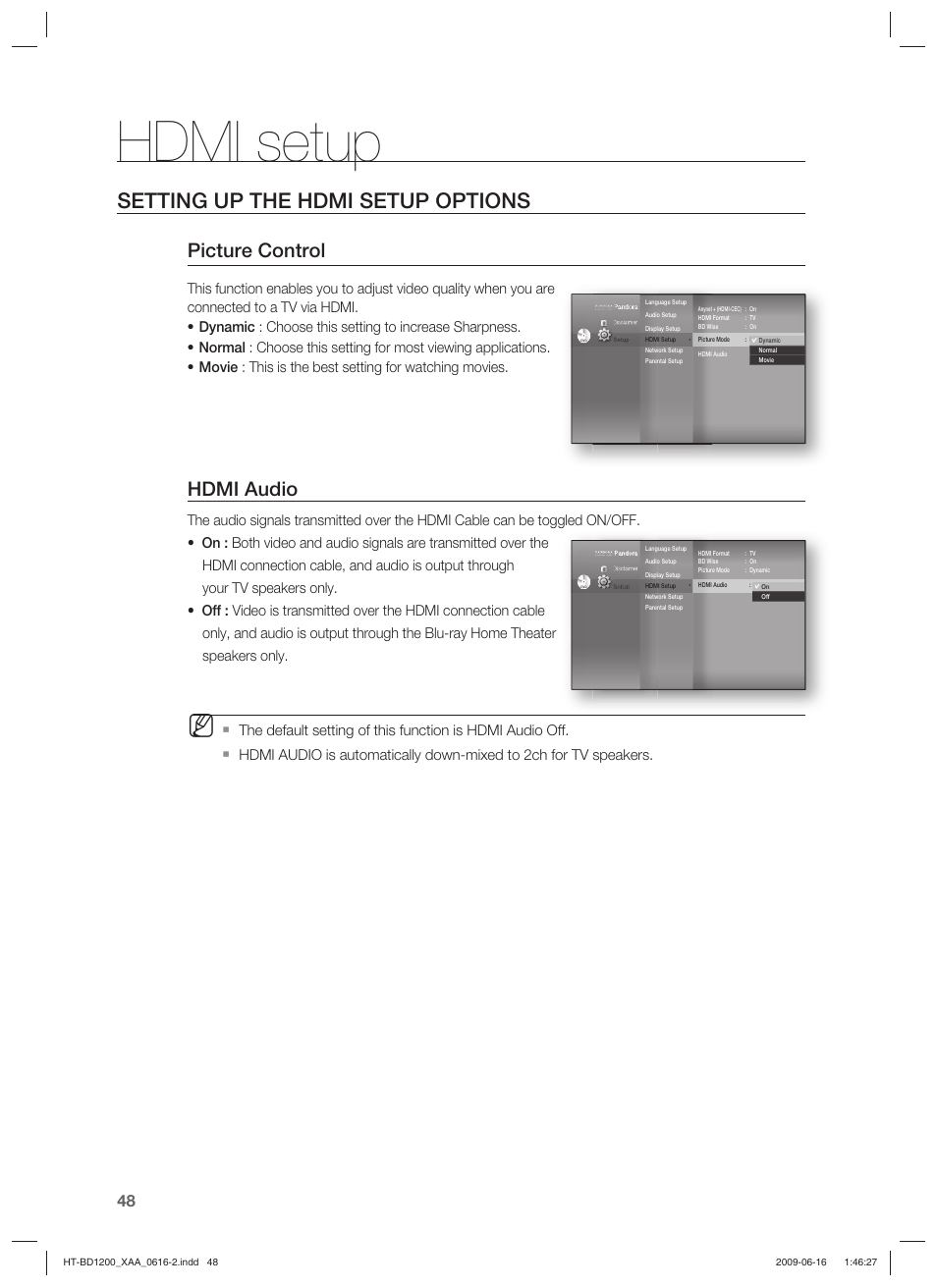 Hdmi setup, Setting up the hdmi setup options, Picture control | Hdmi audio | Samsung HT-BD1200 User Manual | Page 48 / 102