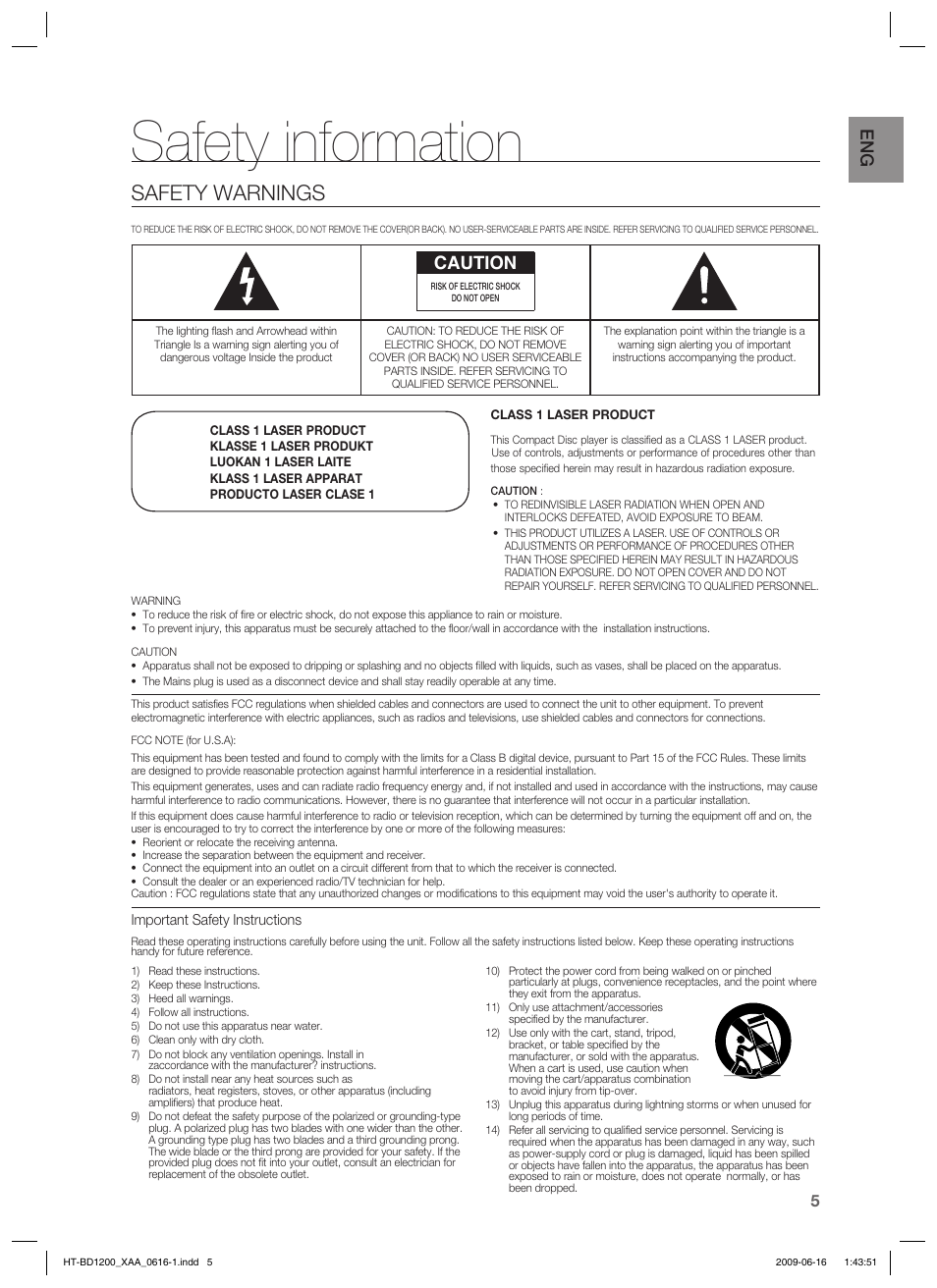 Safety information, Safety warnings, Caution | Samsung HT-BD1200 User Manual | Page 5 / 102
