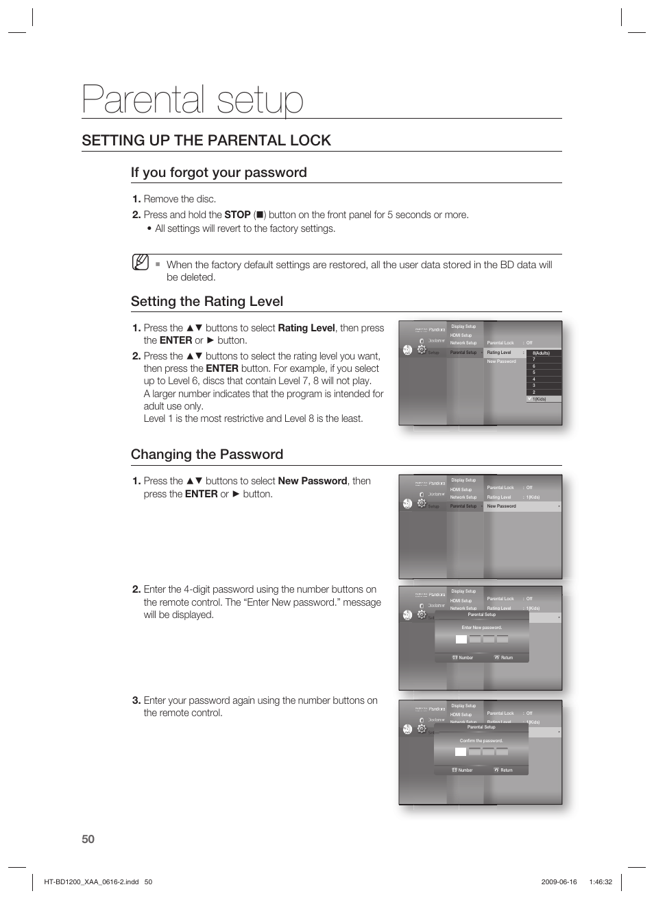 Parental setup, Setting up the parental lock, If you forgot your password | Setting the rating level, Changing the password | Samsung HT-BD1200 User Manual | Page 50 / 102