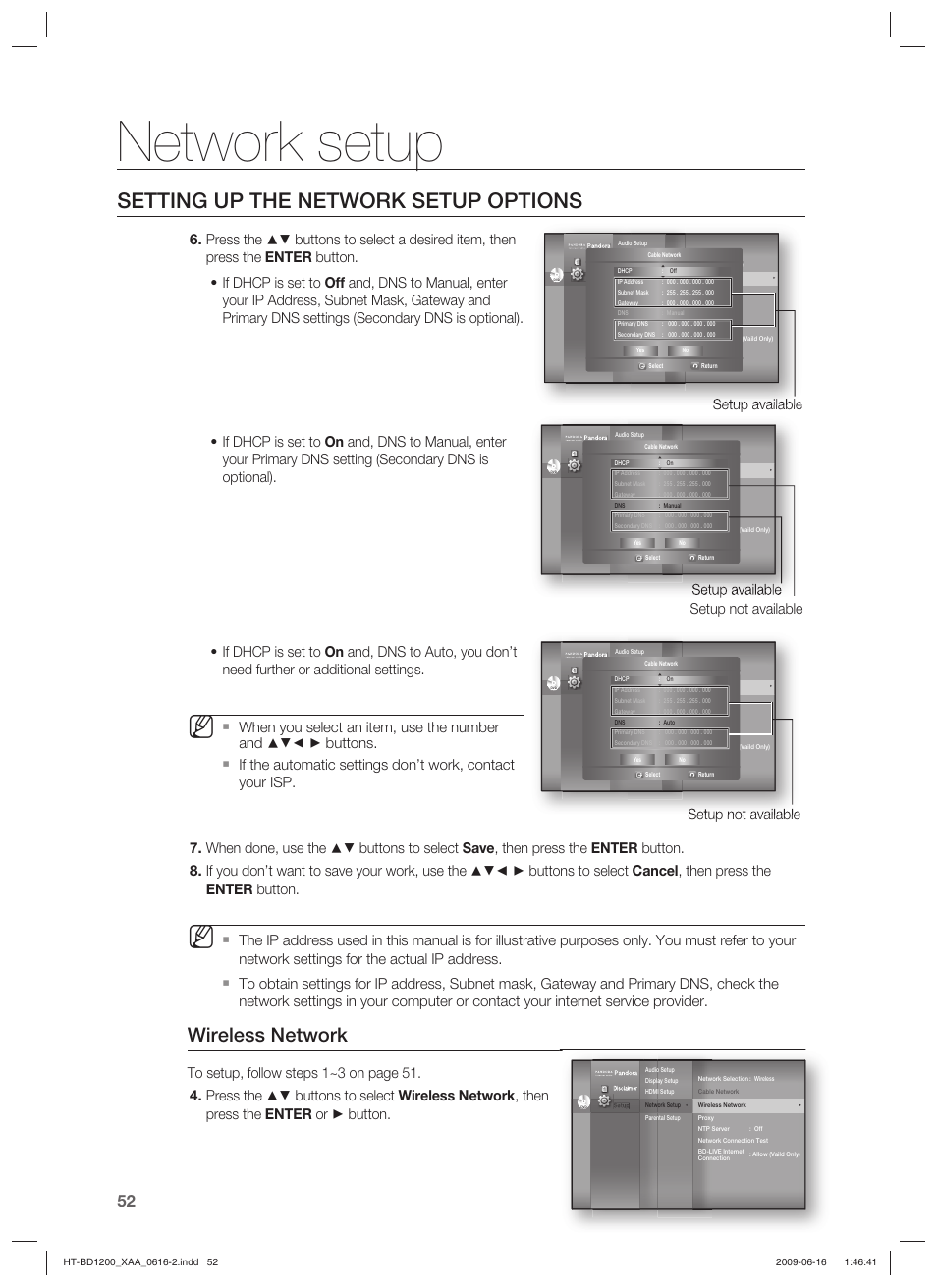 Network setup, Setting up the network setup options, Wireless network | Setup not available setup available, Setup not available, Setup available | Samsung HT-BD1200 User Manual | Page 52 / 102