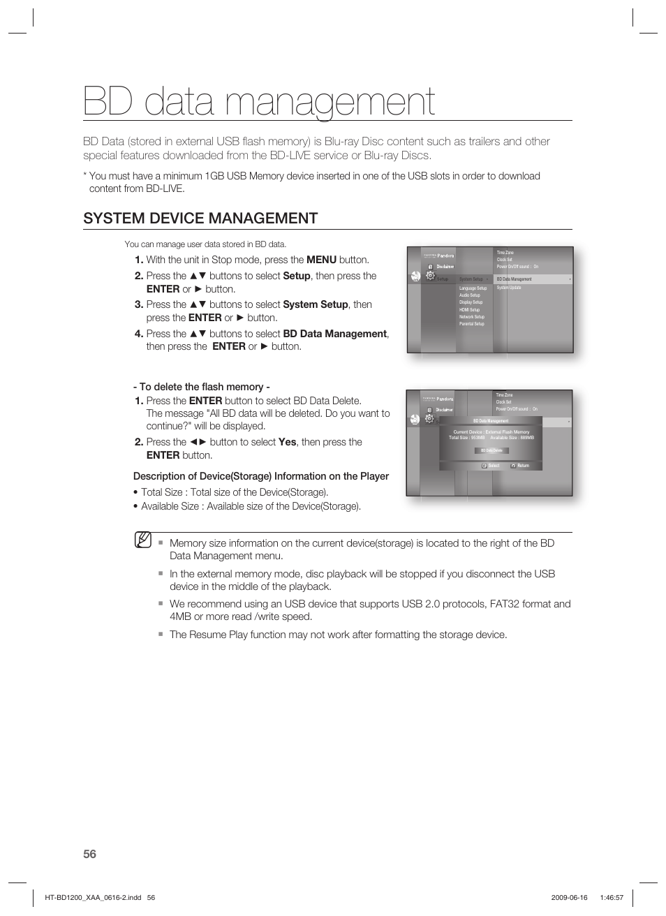 Bd data management, System device management | Samsung HT-BD1200 User Manual | Page 56 / 102