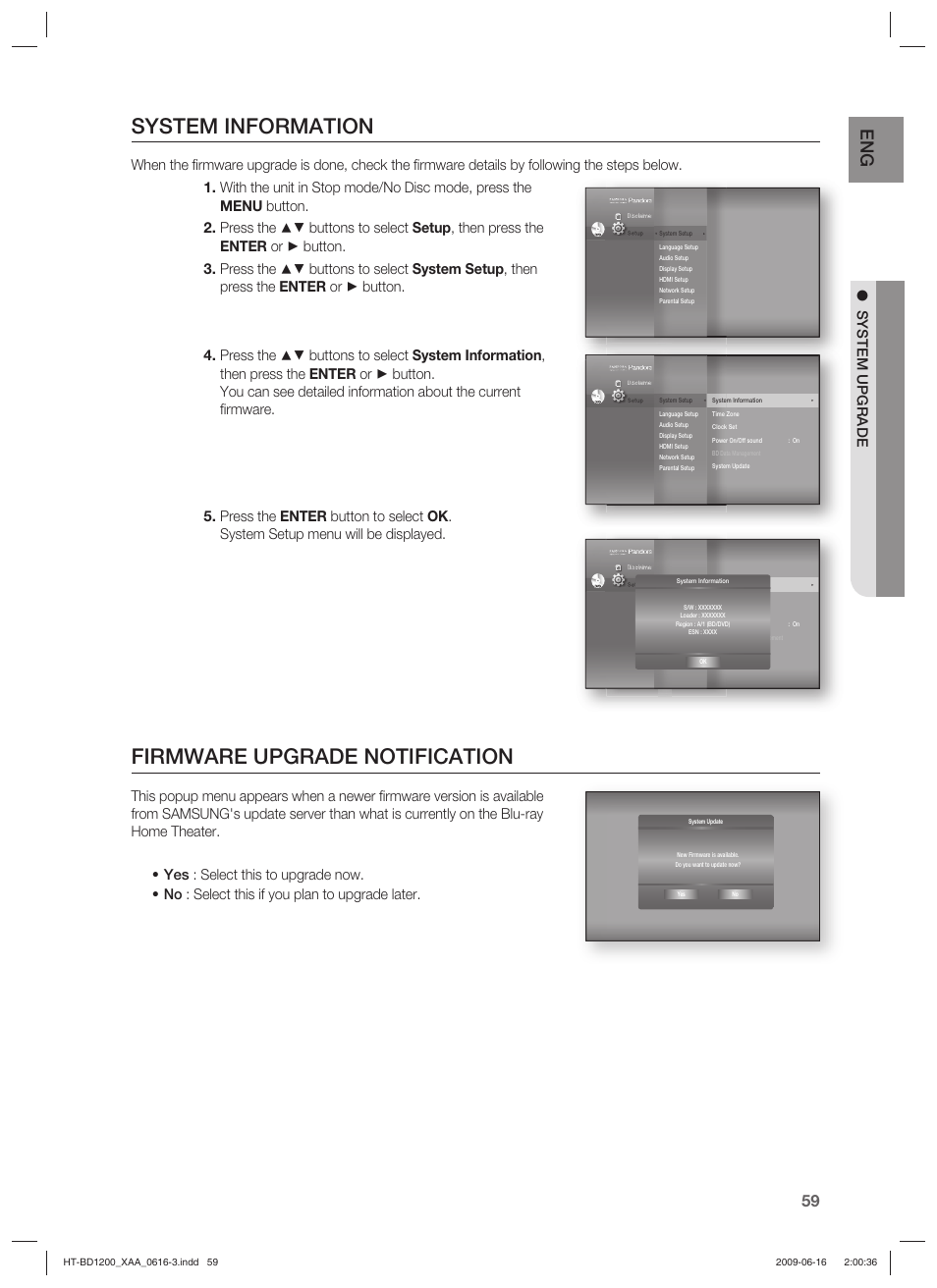 System information, Firmware upgrade notification, System upgrade | Samsung HT-BD1200 User Manual | Page 59 / 102