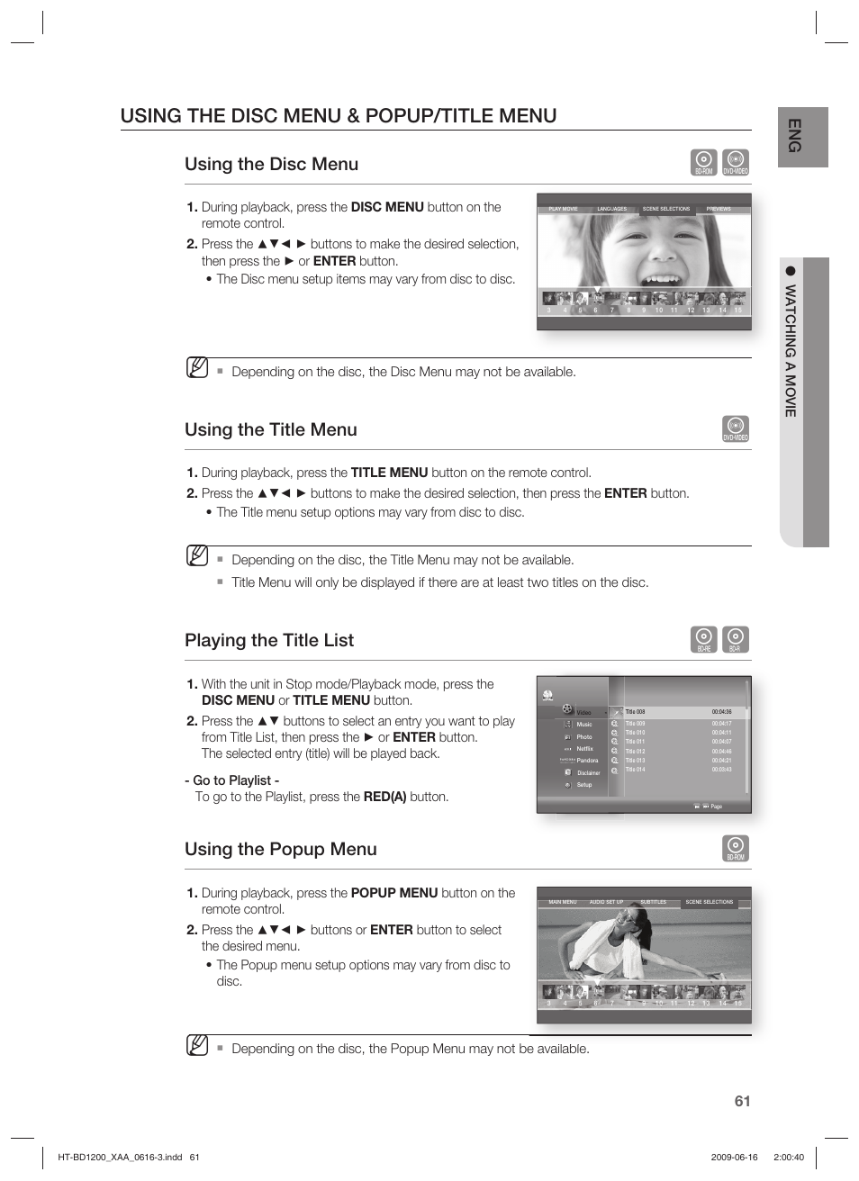Using the disc menu & popup/title menu, Using the disc menu, Using the title menu | Playing the title list, Using the popup menu, Watching a movie | Samsung HT-BD1200 User Manual | Page 61 / 102