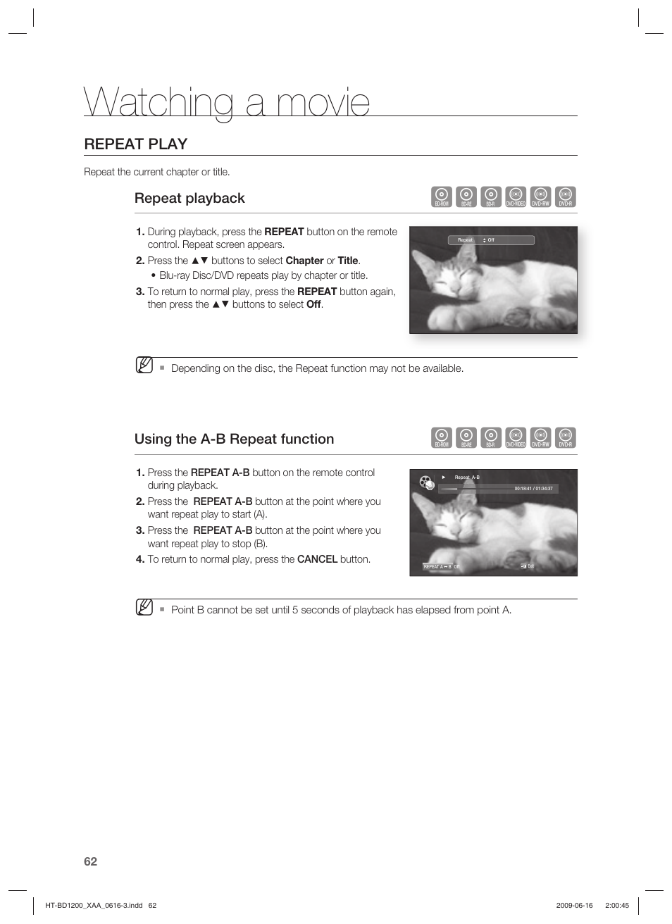 Watching a movie, Hgfzcv, Repeat play | Repeat playback, Using the a-b repeat function | Samsung HT-BD1200 User Manual | Page 62 / 102