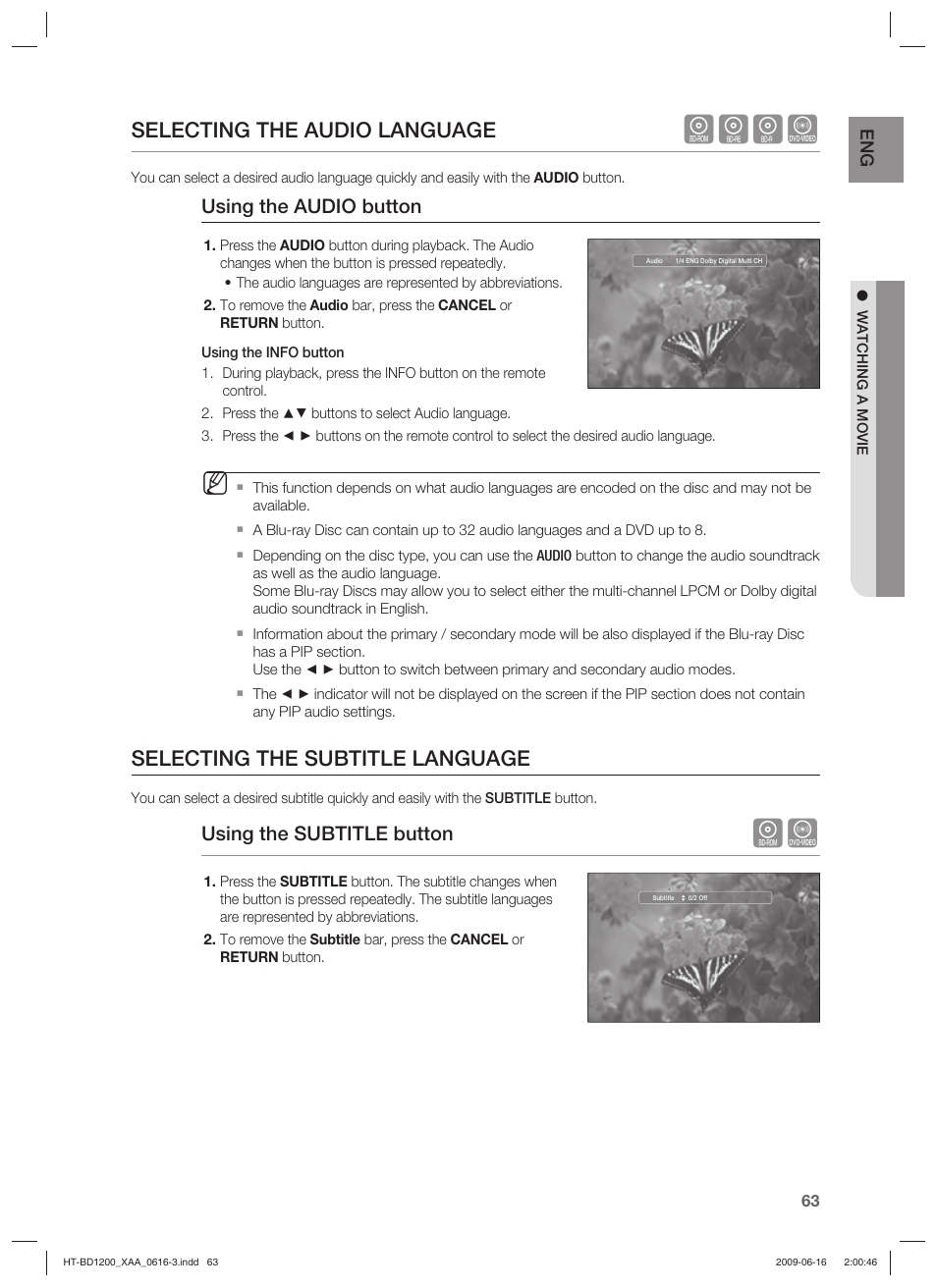 Hgfz, Selecting the audio language, Selecting the subtitle language | Using the audio button, Using the subtitle button | Samsung HT-BD1200 User Manual | Page 63 / 102