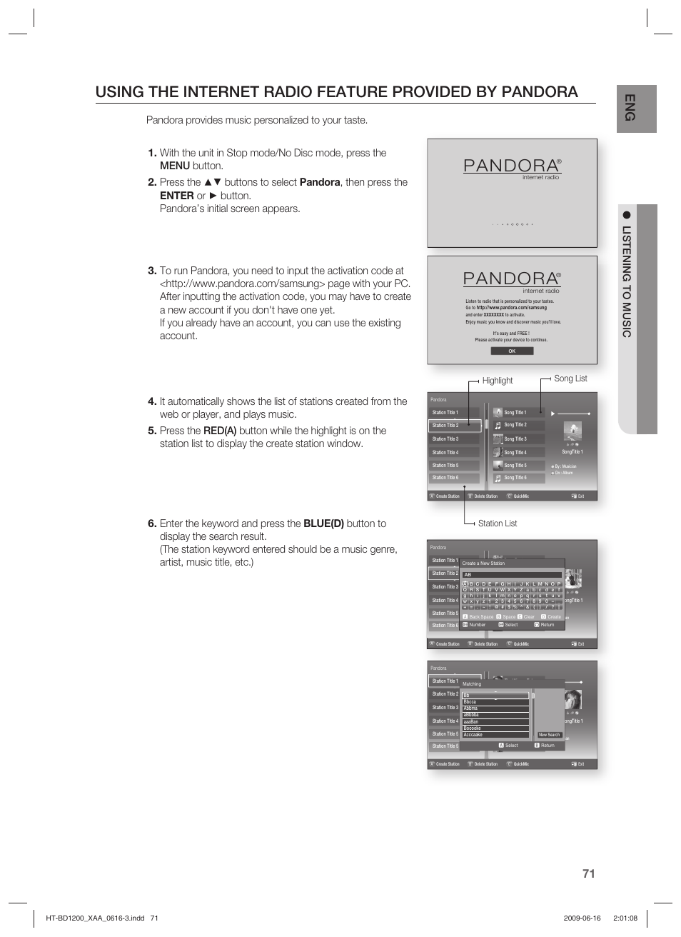 Pandora, Listening to music | Samsung HT-BD1200 User Manual | Page 71 / 102