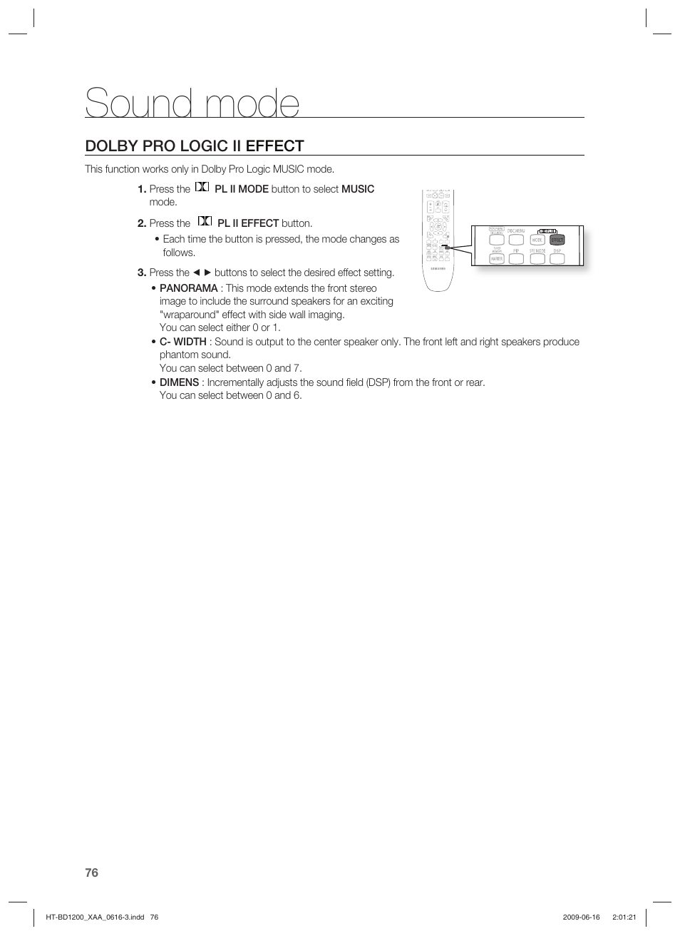 Sound mode, Dolby pro logic ii effect | Samsung HT-BD1200 User Manual | Page 76 / 102