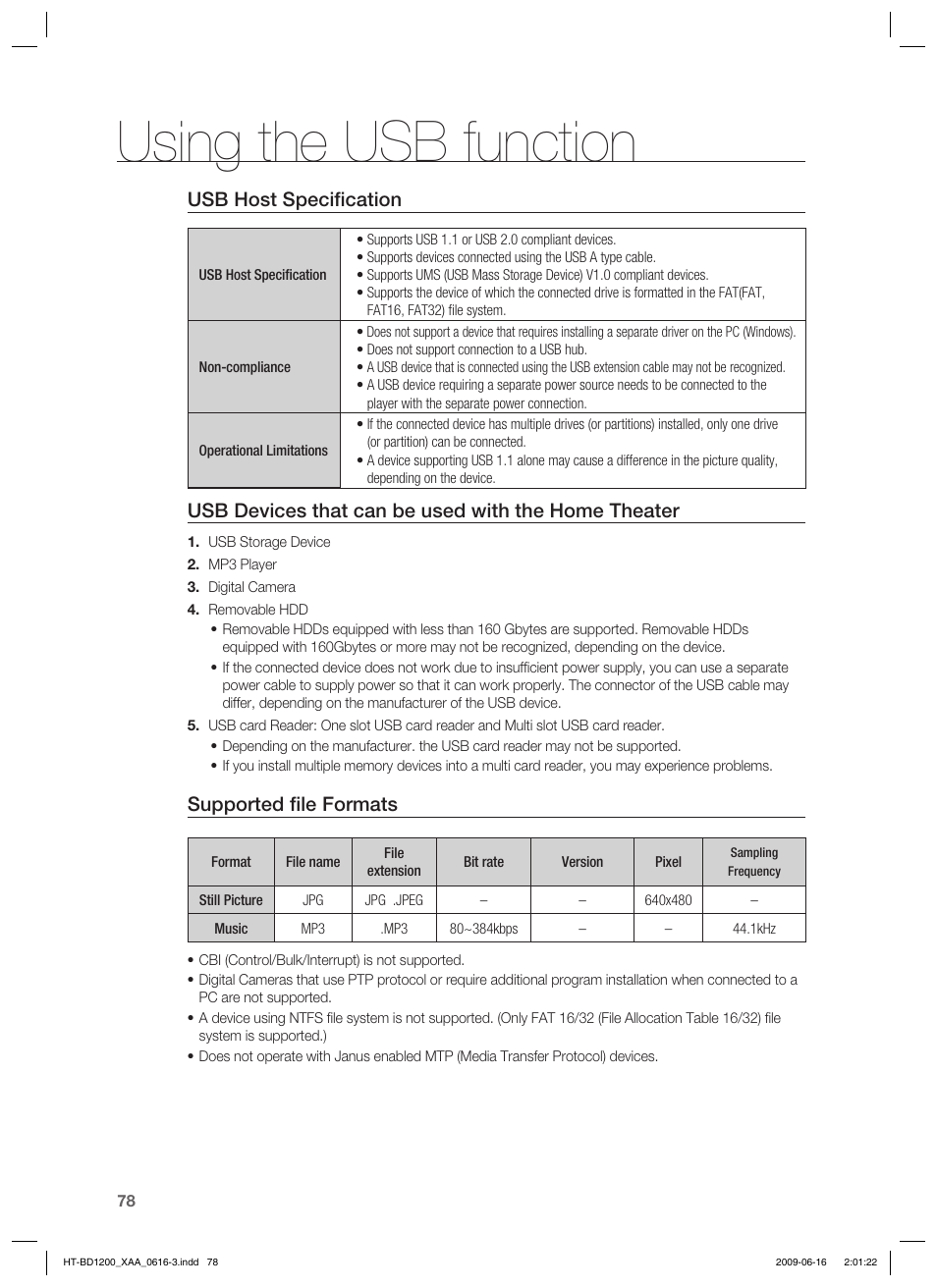 Using the usb function, Usb host specifi cation, Usb devices that can be used with the home theater | Supported fi le formats | Samsung HT-BD1200 User Manual | Page 78 / 102