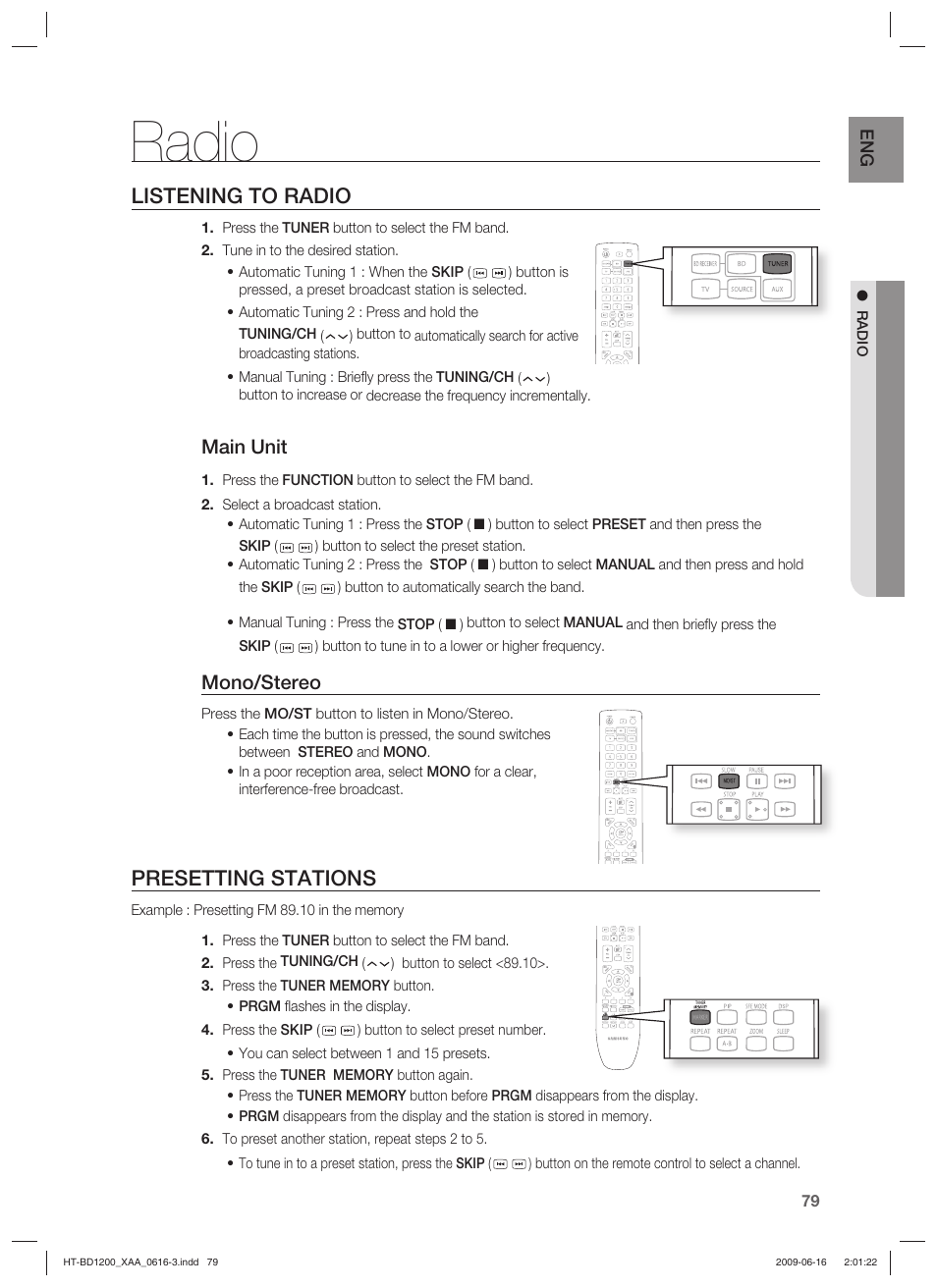 Radio, Listening to radio, Presetting stations | Main unit, Mono/stereo | Samsung HT-BD1200 User Manual | Page 79 / 102