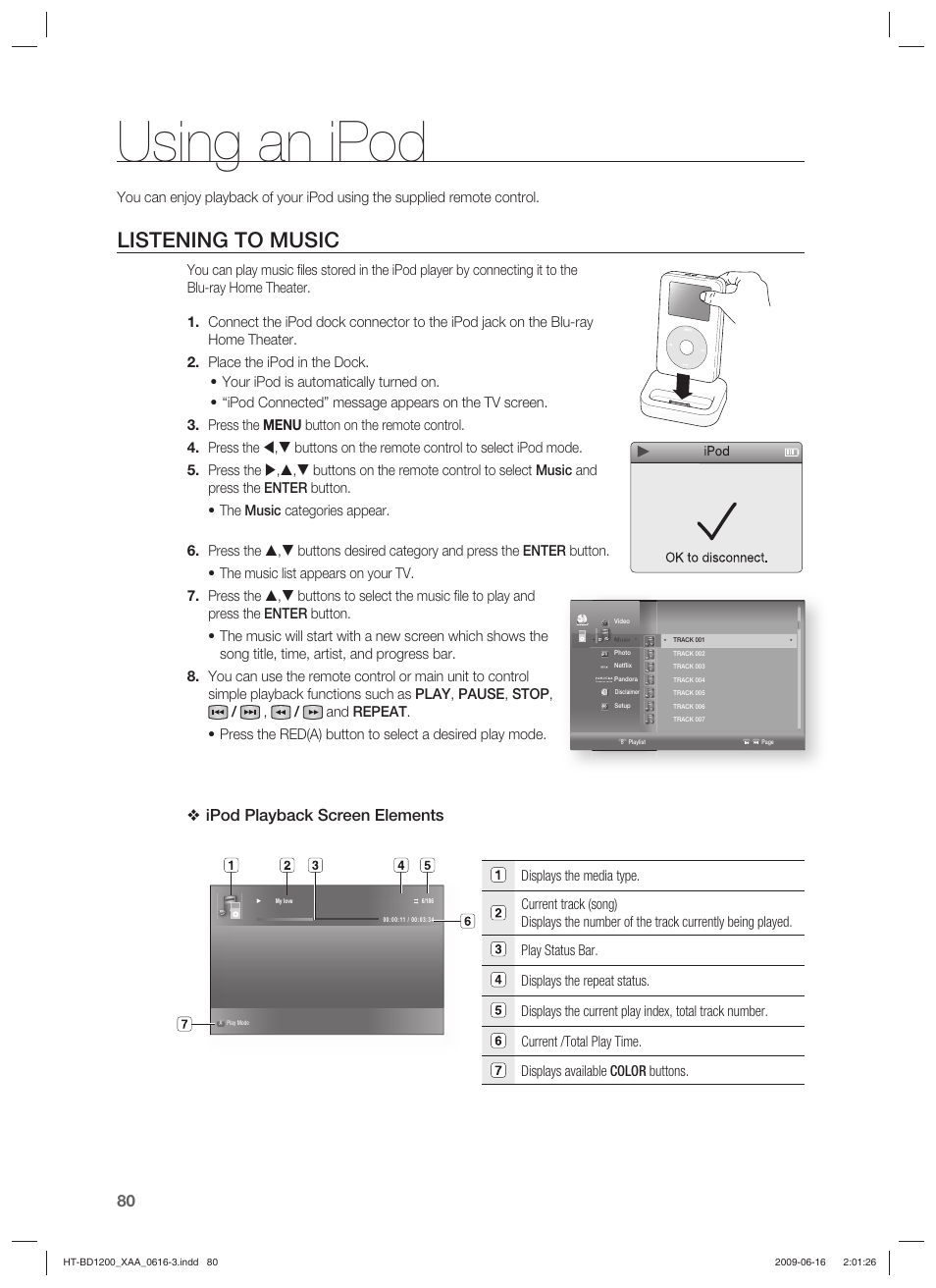 Using an ipod, Listening to music, Ipod playback screen elements | Samsung HT-BD1200 User Manual | Page 80 / 102
