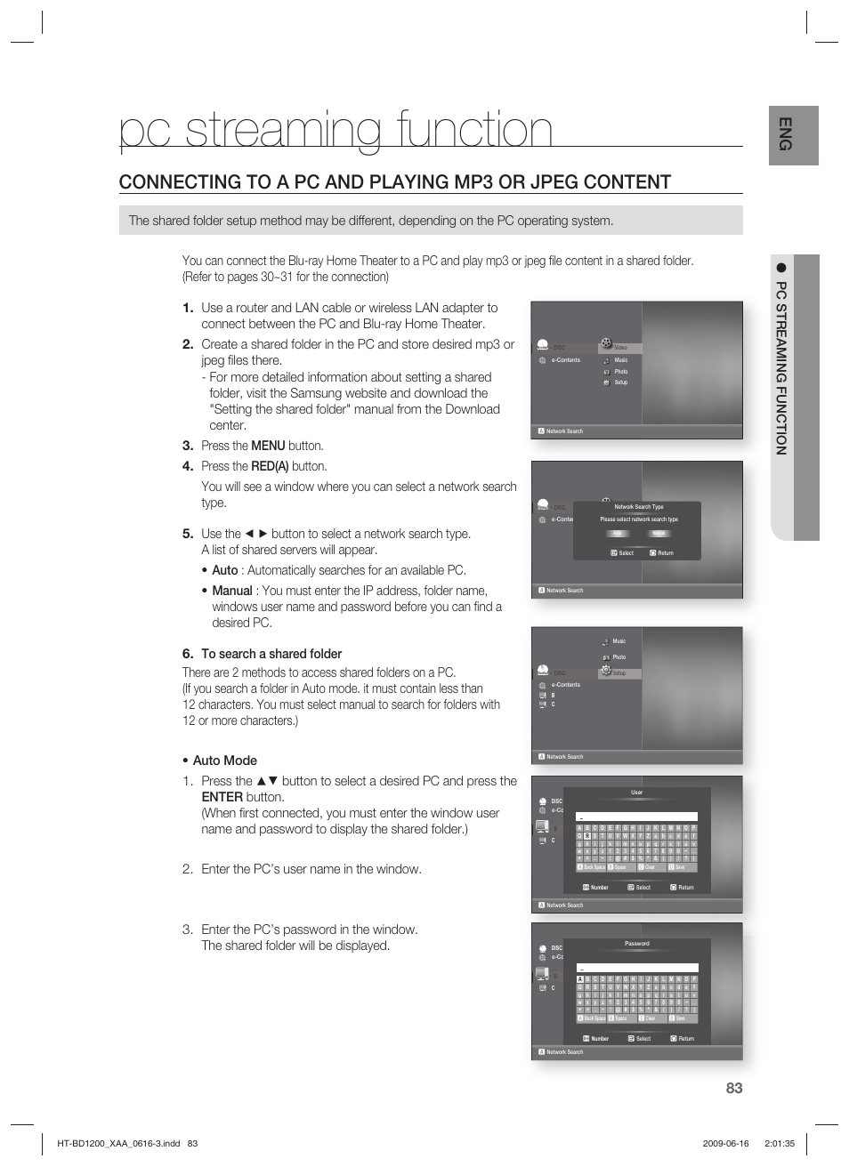 Pc streaming function, Connecting to a pc and playing mp3 or jpeg content, No disc | Samsung HT-BD1200 User Manual | Page 83 / 102