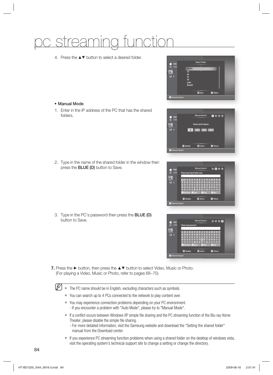 Pc streaming function, No disc | Samsung HT-BD1200 User Manual | Page 84 / 102