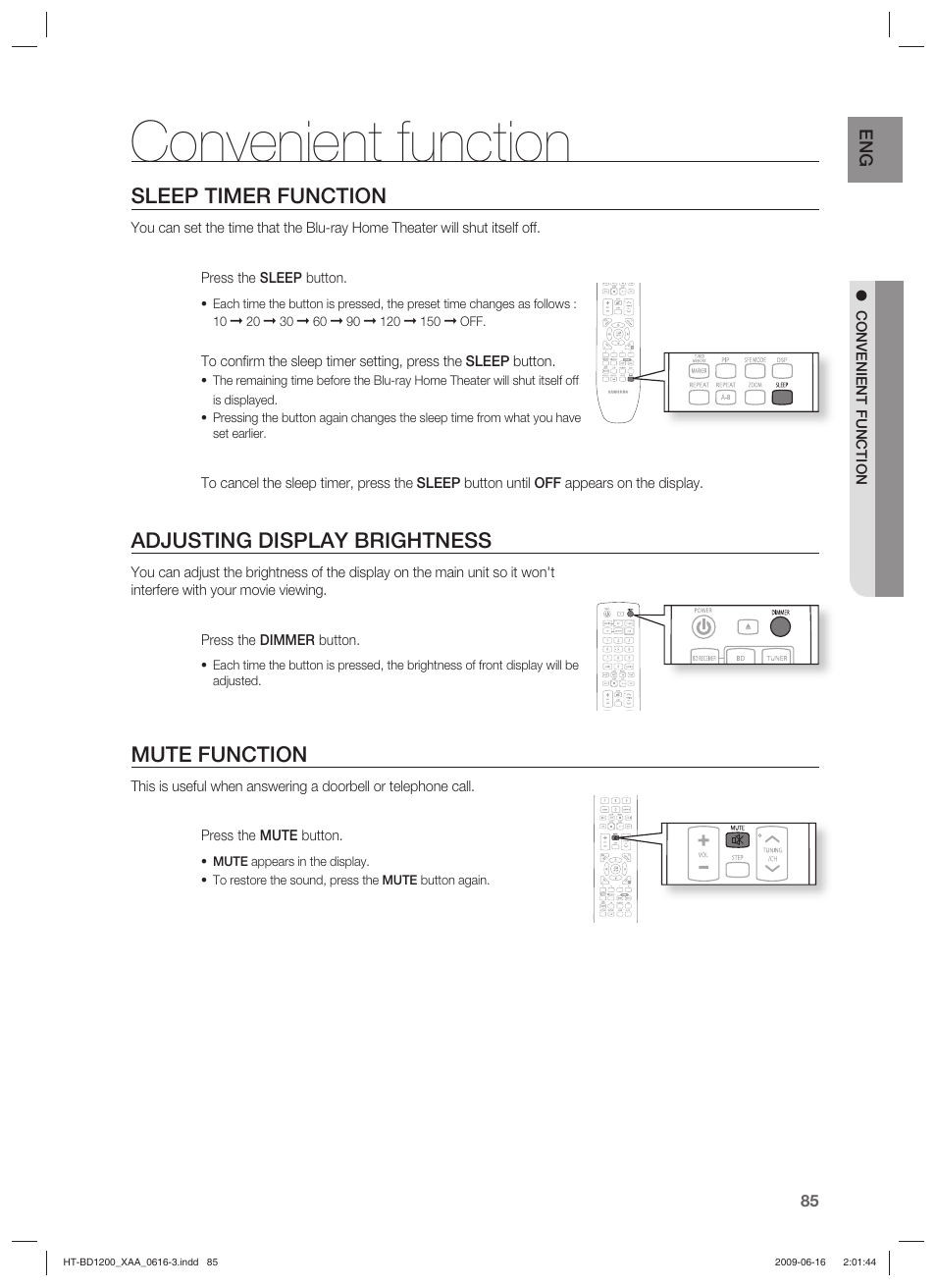 Convenient function, Sleep timer function, Adjusting display brightness | Mute function | Samsung HT-BD1200 User Manual | Page 85 / 102