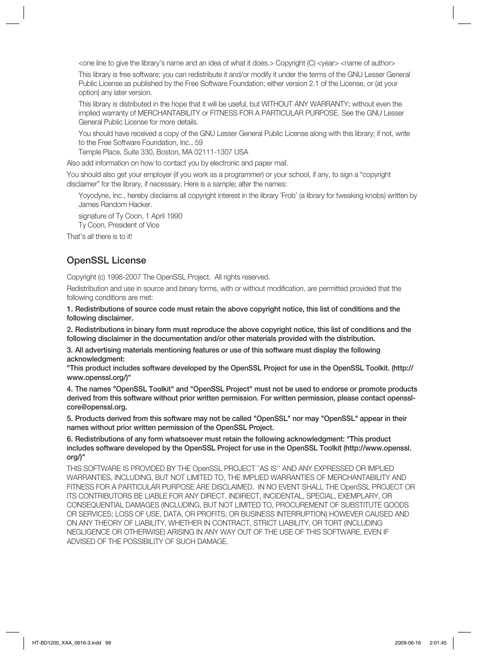Openssl license | Samsung HT-BD1200 User Manual | Page 99 / 102