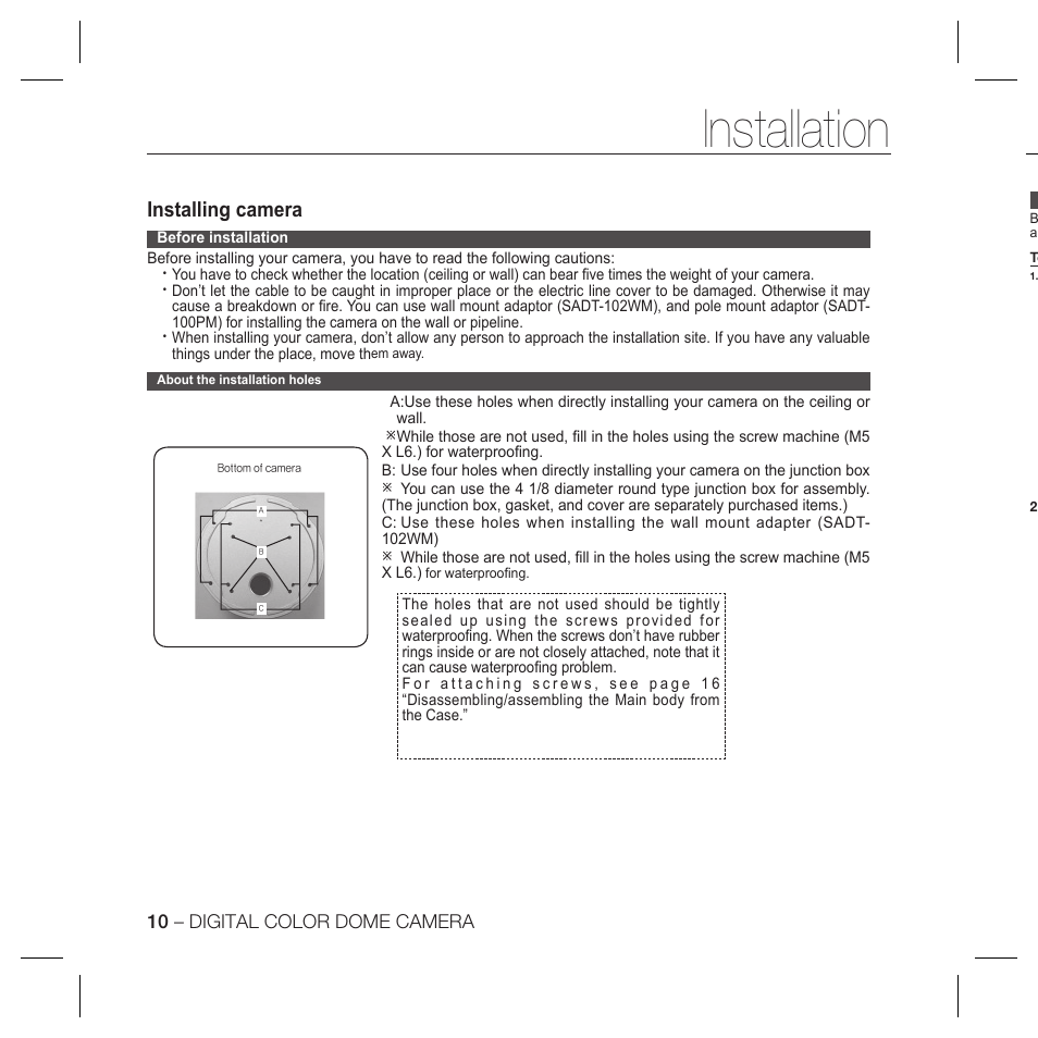 Installation, Installing camera | Samsung SCC-B5398P User Manual | Page 10 / 33