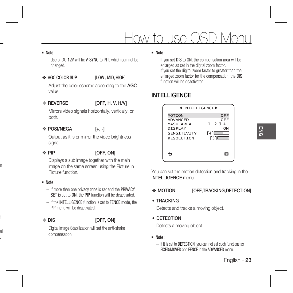 How to use osd menu, Intelligence | Samsung SCC-B5398P User Manual | Page 23 / 33