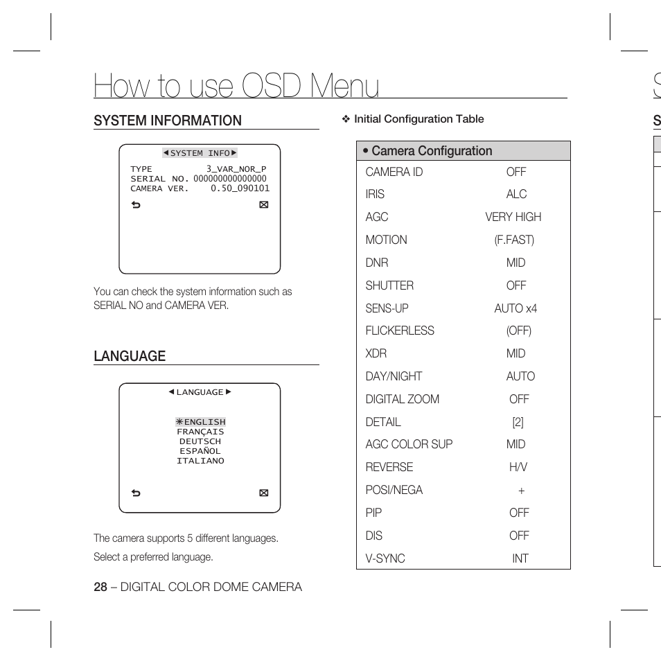 How to use osd menu, System information, Language | Samsung SCC-B5398P User Manual | Page 28 / 33