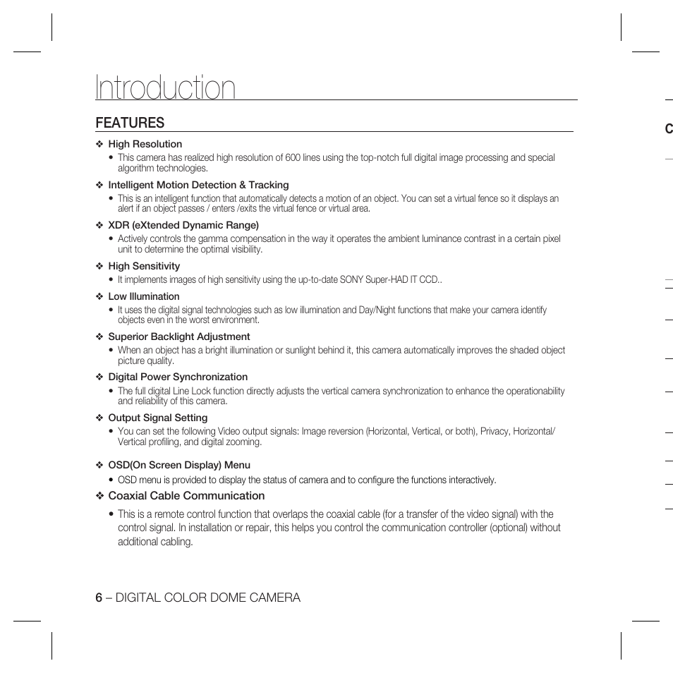 Introduction, Features | Samsung SCC-B5398P User Manual | Page 6 / 33