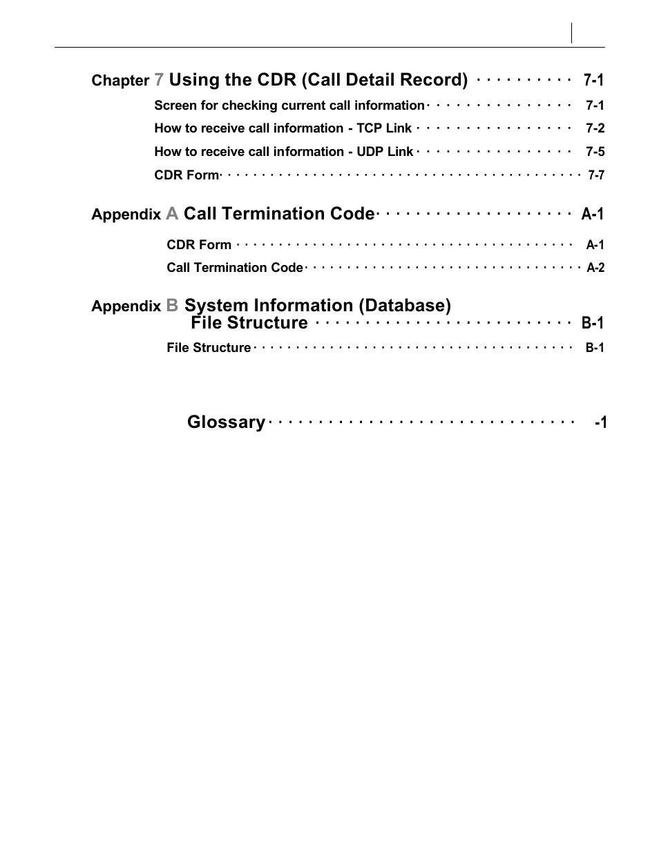 7using the cdr (call detail record), Acall termination code, Bsystem information (database) file structure | Cglossary | Samsung SMG-3200 User Manual | Page 9 / 228