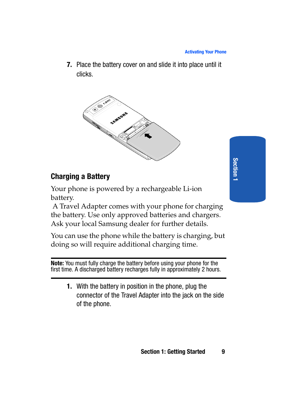 Charging a battery | Samsung SGH-T519 User Manual | Page 13 / 210