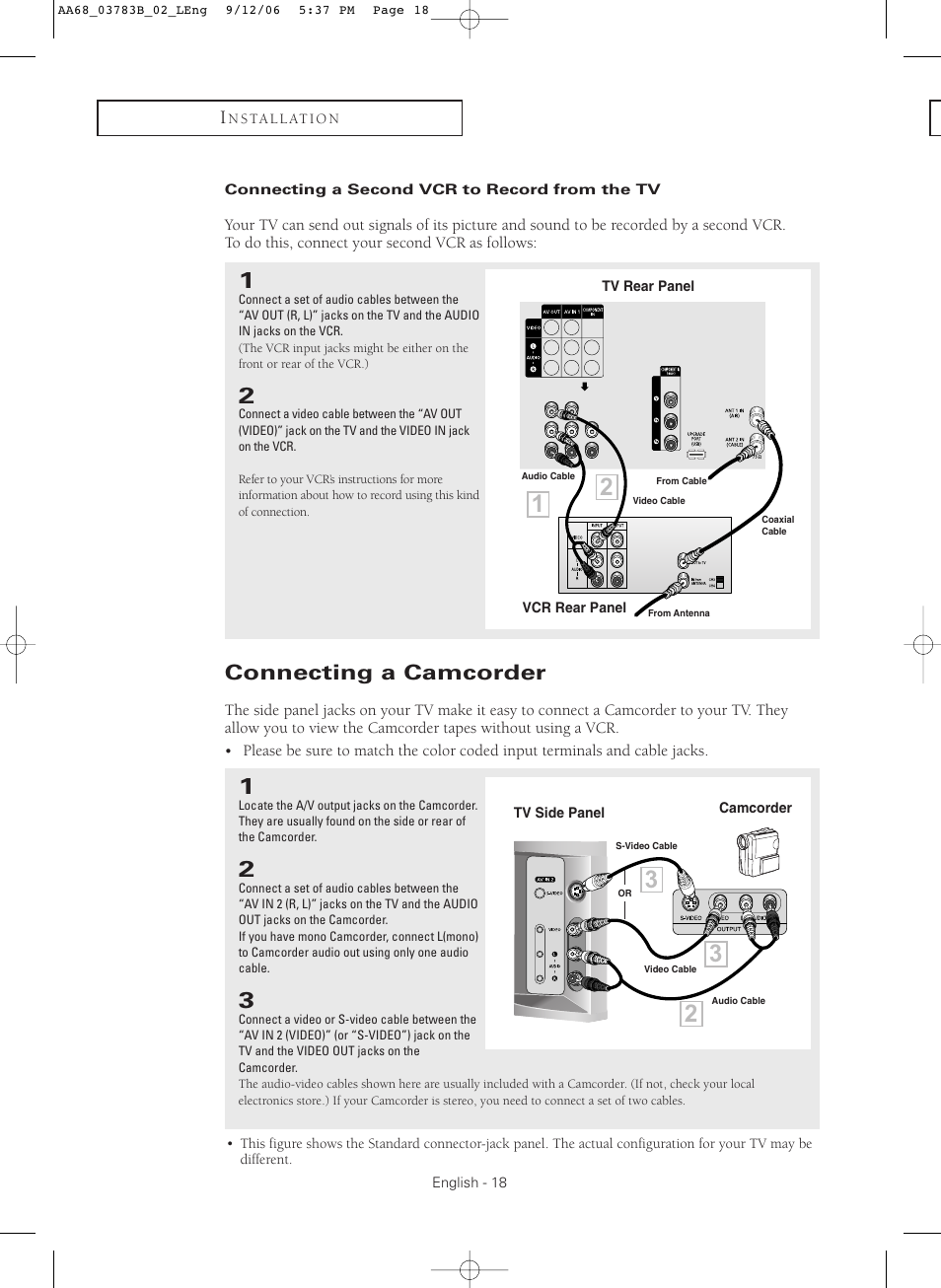 Connecting a second vcr to record from the tv, Connecting a camcorder | Samsung CL-29Z40MQ User Manual | Page 18 / 64