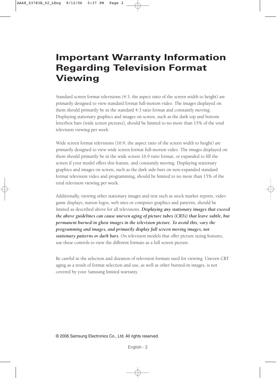 Important warranty information | Samsung CL-29Z40MQ User Manual | Page 2 / 64
