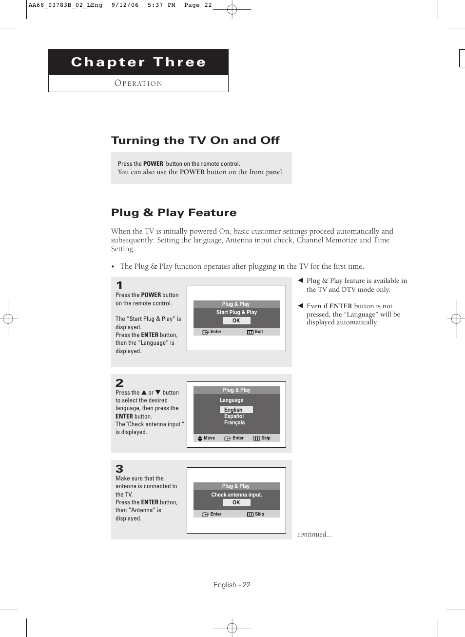 Chapter three: operation, Turning the tv on and off, Plug & play feature | Samsung CL-29Z40MQ User Manual | Page 22 / 64