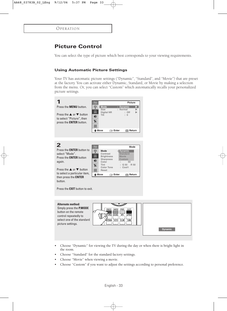 Picture control, Using automatic picture settings | Samsung CL-29Z40MQ User Manual | Page 33 / 64