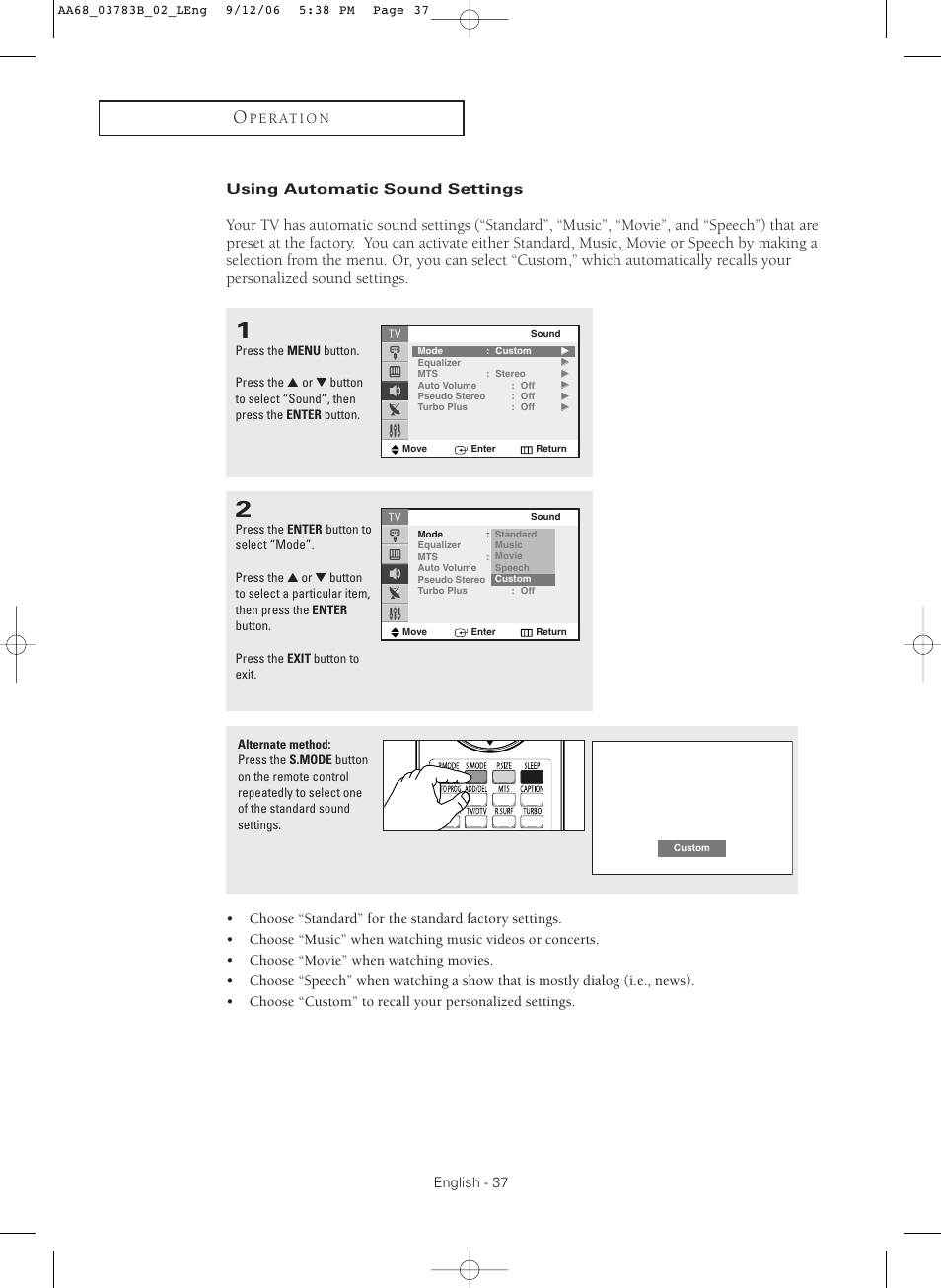 Using automatic sound settings | Samsung CL-29Z40MQ User Manual | Page 37 / 64