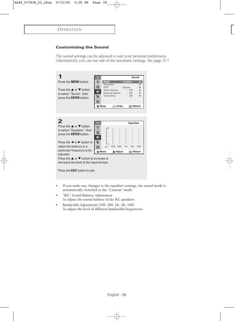 Customizing the sound | Samsung CL-29Z40MQ User Manual | Page 38 / 64