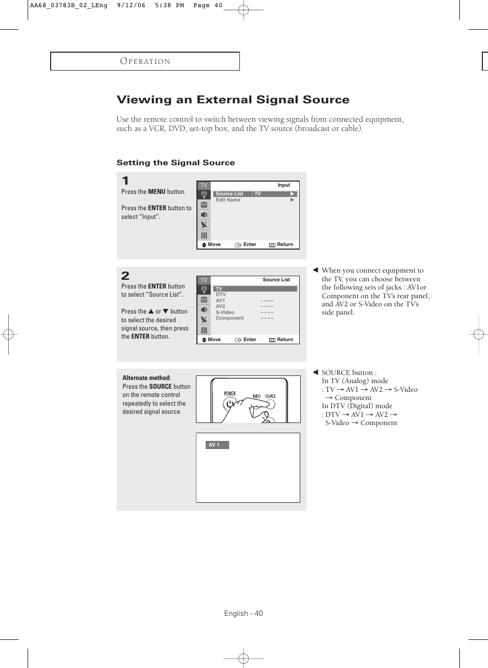 Viewing an external signal source, Setting the signal source | Samsung CL-29Z40MQ User Manual | Page 40 / 64